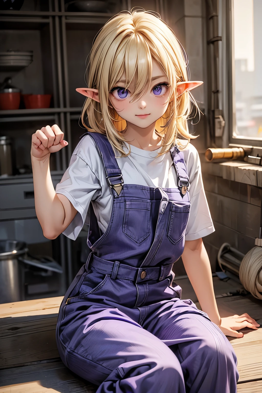 ((Masterpiece)), (Anime:1.3), ((best quality)), (RAW photo:1.2), (High Definition:1.3), (Professional Photography:1.2), (12 years old), (1girl), cute young girl, (Sitting paw posing:1.4), BREAK, (smug:1.3), (Beautiful purple daiamond eyes:1.5), (dark skin), elf girl, wearing Gray Workwear Coveralls, flat chest, slender waist, BREAK, (hair over eyes:1.2), Silky unruly hair, medium hair, ((blond hair)), wearing Gray Workwear Coveralls, (on the construction site),