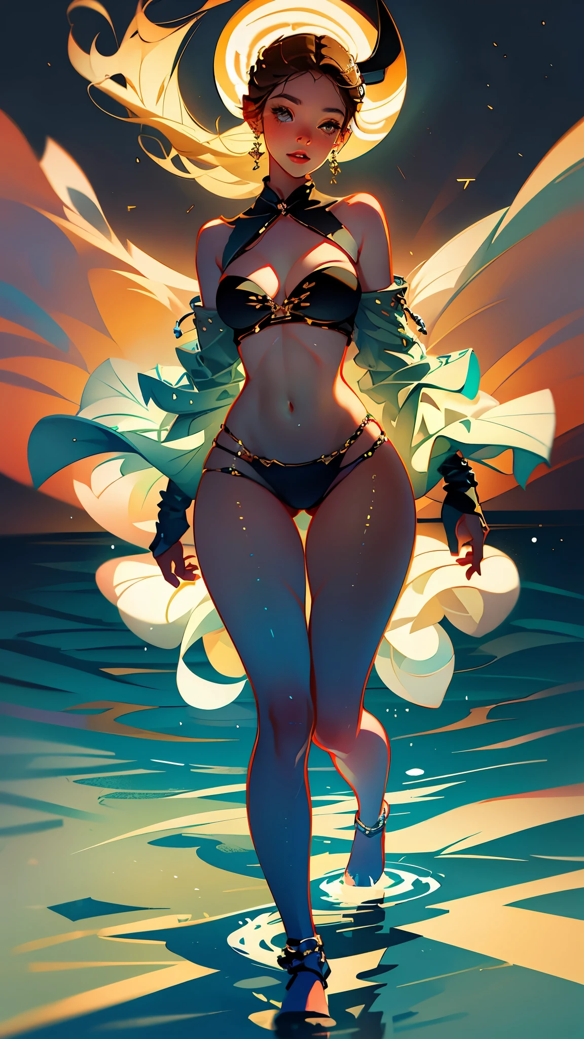 Amazing beautiful girl standing on the beach, wearing bikini.The soft sand beneath her feet, The sparkling waves gently lapped her ankle. Her long golden hair danced in the breeze, A radiant face with a natural glow, The sun sets behind her, Casts a warm orange hue in the sky,Highlights her flawless complexion. when she saw the amazing view,Her eyes sparkled with joy, Exuding effortless beauty