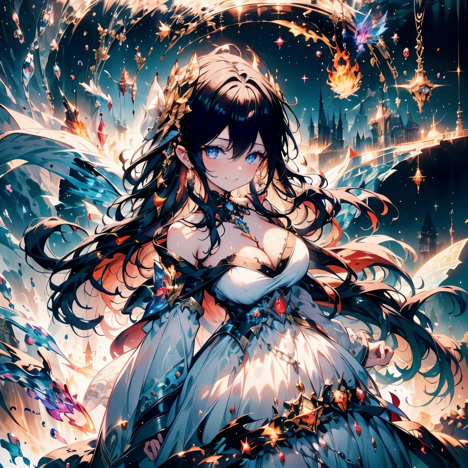 insanely detailed, beautiful, exquisite, masterpiece, absurdres, 16K, fairy woman, dress base on fire,((dress with motif of fire)), giant fairy wings,((smiling,excited, grinning)), floating, left hands on hips, right hand holding fire,looking at viewer, ahoge, bob, covering one eye, wavy hair, red hair, golden eyes, big eyes, tanned skin, slim, piercing, earrings, choker, black background, with a big explosion in the background, fantasy, romantic academia, hard-edged, from above, from front, dramatic lighting, cinematic lighting, volumetric lighting, dynamic lighting