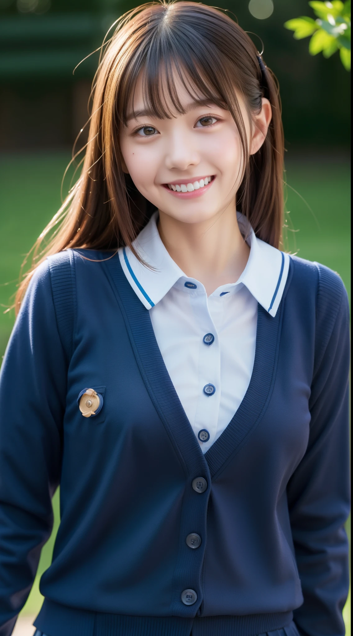 Enhanced dynamic perspective,Cute cute beautiful girl,JK school uniform,Look at me and smile,simple backgound,Works of masters,high quarity,4K resolution,super-fine,Detailed pubic hair,precise,Cinematic lighting,Leaves the original facial proportions、(large full breasts)、((buttonGap))