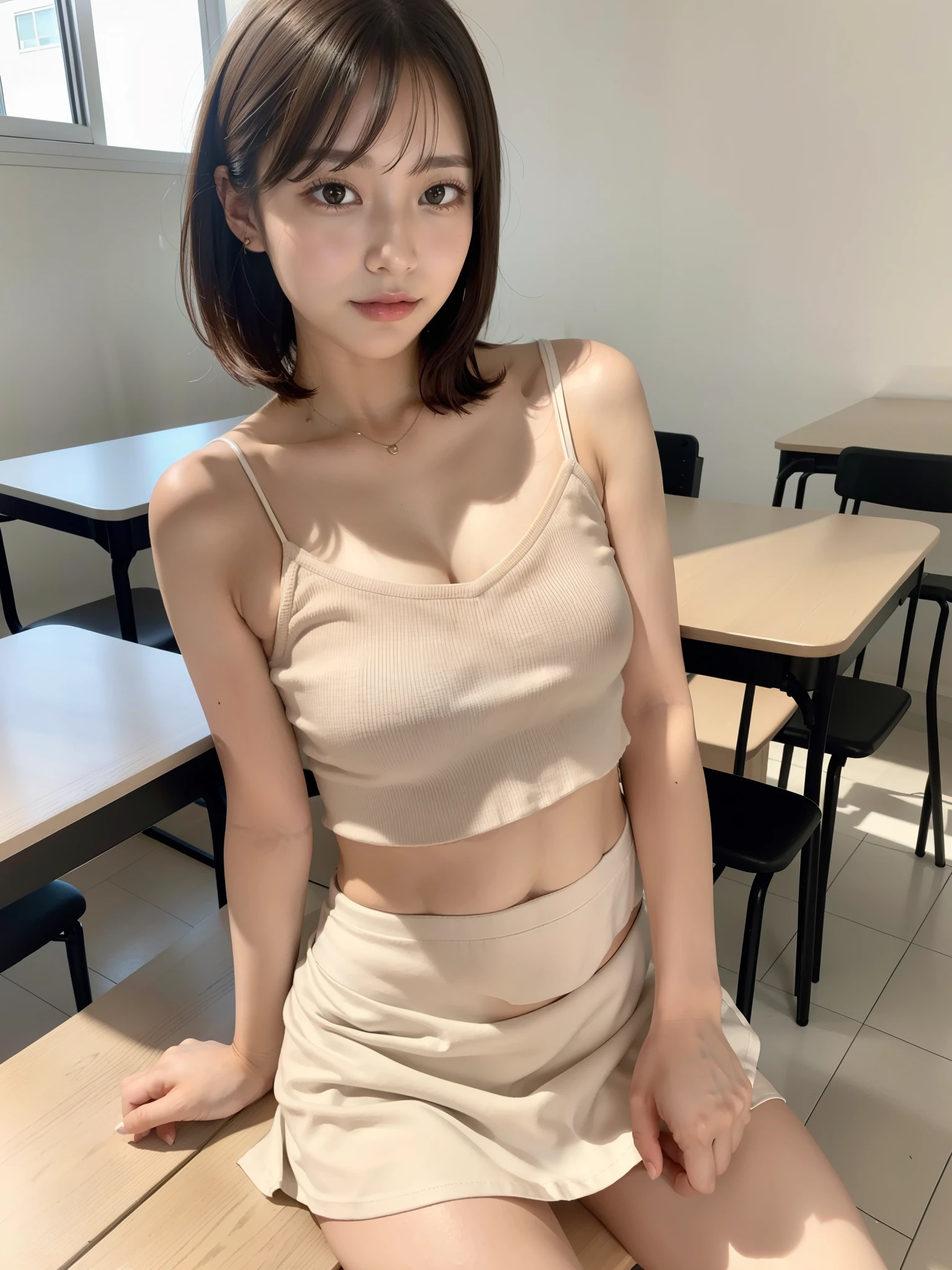 nude, (camisole, mini skirt, thigh: 1.4), small breasts, flat chest, (sitting, spread your legs: 1.2), ((top quality, 8k, table top: 1.3, RAW photo)), sharp focus: 1.2, (1 Aespa Girl :1.1), (alone: 1.12), (realistic, realistic: 1.37), (face focus: 1.1), cute face, highly detailed face, messy short hair, up style, classroom, flower, Book