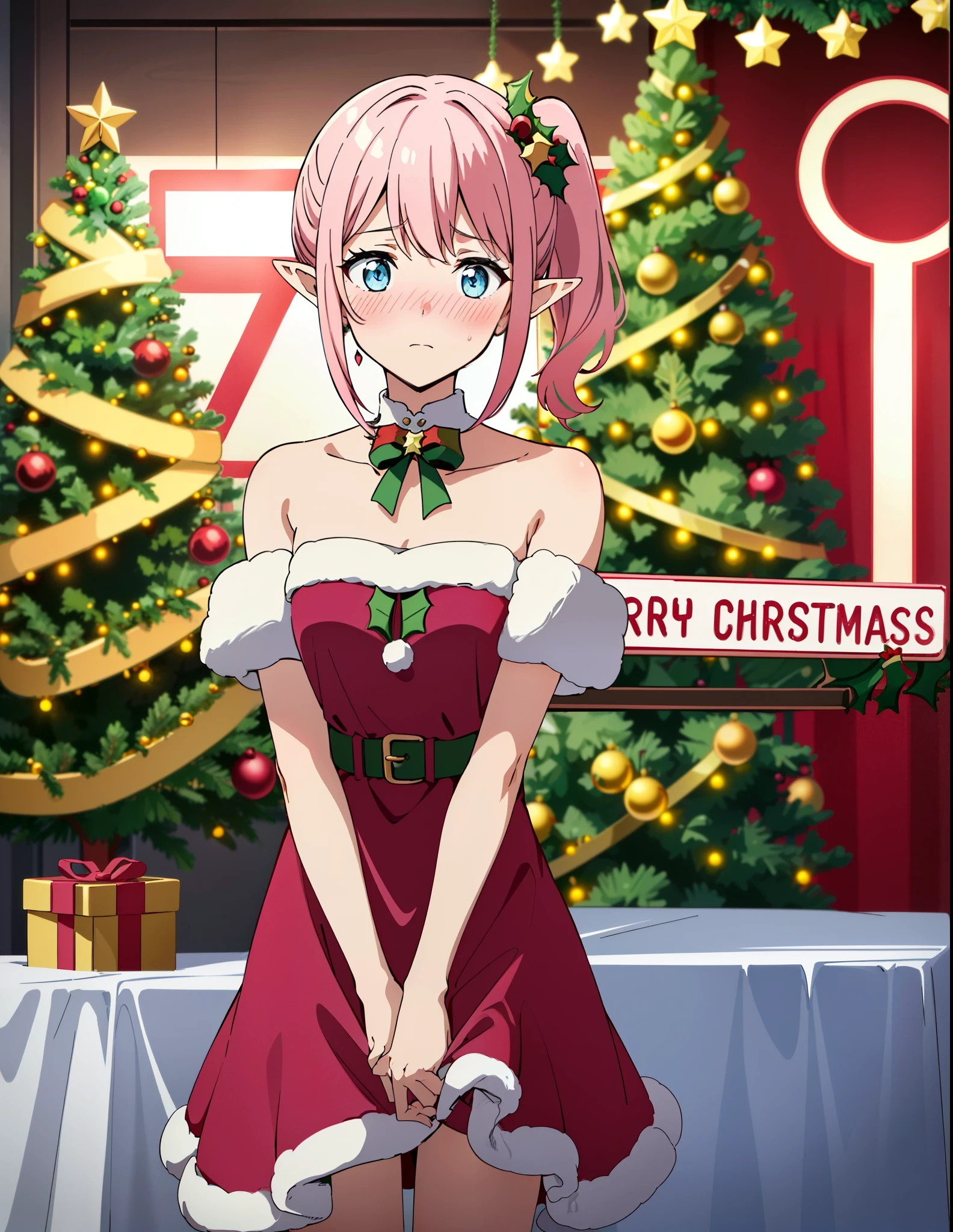 (Red Christmas dress:1.3), Christmas hair ornament, (glowing Christmas tree:1.3), (blush:1.2), Innocent, (shy:1.2), cute, Flat, Medium hair, Skirt, masterpiece, best quality, Side ponytail, (light pink hair:1.3), (gradient hair:1.0), white horns, Pointy ears, layered, frills, bare shoulders, sleeves, (Light blue hair:1.2), (Glowing sign text:1.3)