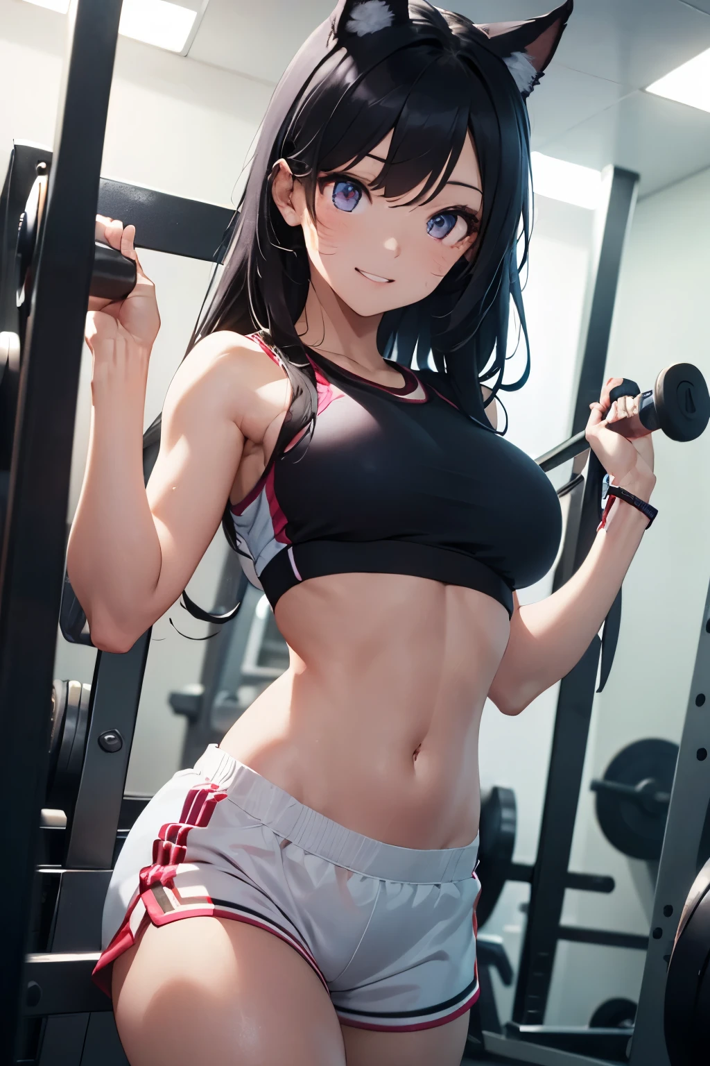 (best quality,4k,highres,masterpiece:1.2),ultra-detailed,Ahri at the gym, wearing shorts and a crop top, beautiful detailed eyes,beautiful detailed lips,extremely detailed face,longeyelashes, midriff visible, smiling, posing on one leg giving a peace sign,physically-based rendering,studio lighting,ultra-fine painting,vivid colors,bokeh,athletic,determined,fit,energetic,modern gym equipment,exercise machines and weights,energetic and dynamic atmosphere,training motivation,sporty,active,lively,fitness studio,blue and white color tones with touches of pink and purple,sharp focus