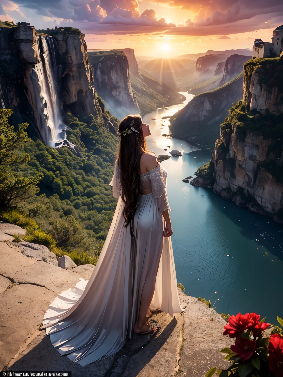 Trending on Artstation, Rachel Walker, BEAUTIFUL WOMAN on the mountain, sunset sky, red sunset clouds, sunset, long hair in the wind, eagle feathers, eagle queen, goddess dressed in eagle feathers, fantasy, overexposure, perfect eyes, metallic colors, surreal art , full body, bare feet, view of mountainous horizon, lake in the distance, lady in the center of the scene, ((huge full moon in front of the sun)), ((transparent clothing)), ((dark storm clouds with lightning)), falls lightning, light drizzle, fog in the distance, goddess on top of the mountain, girl standing, toenails painted red, ((flowers on top of the mountain)), (((rock bridge between mountains))), ((ancient castle embedded in the mountain)), lantern and lamp, ((exaggeratedly long hair)), ((hair moved by strong wind)), ((native clothing)) , ((silver hair)), ((face of Caucasian European woman)), (((waterfall going down the mountain)), ((la diosa esta inclinada mirando el vacio)), (((la dama esta inclinada observando el vacio del valle))), ((the goddess is leaning looking into the void)), (((the lady is leaning looking into the void) from the valley))),