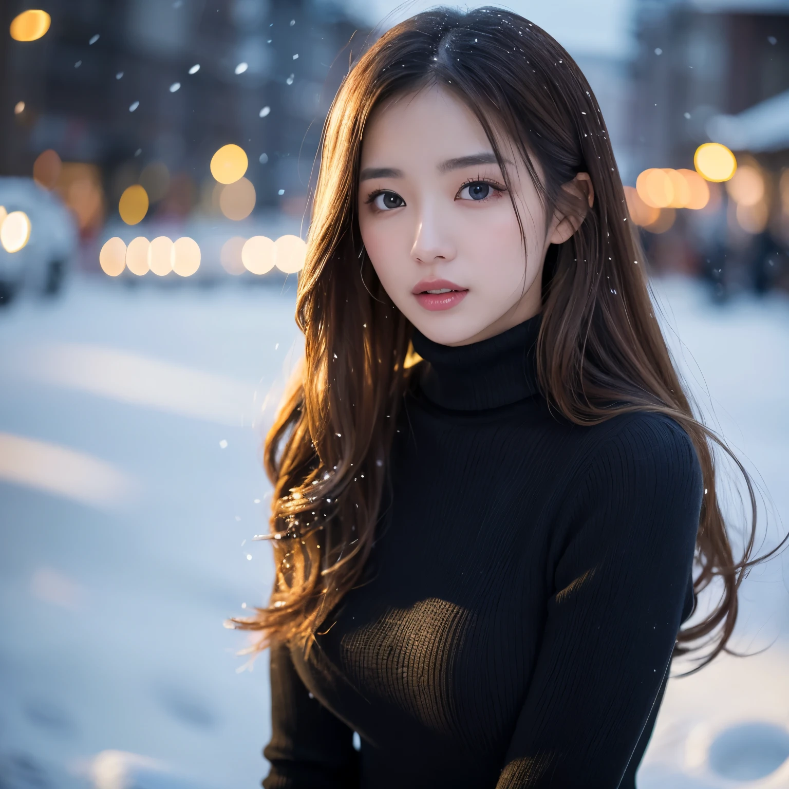 (table top、highest quality、8k、Award-winning work、ultra high resolution)、one beautiful woman、(Turtleneck long knit sweater dress:1.1)、brown hair、blonde、Very long wavy hair、epic movie lighting、The beginning of a romantic love、Romantic and moody atmosphere、winter、snow scene、It&#39;s snowing、look at me、(Huge breasts that look like they&#39;ll burst:1.1)、(Most emphasize the body line:1.1)、very long hair、blurred background、accurate anatomy、ultra high definition hair、ultra high resolutionの完璧な美しい歯、Ultra high definition beauty face、ultra high definition hair、Super high-definition sparkling eyes、輝くultra high resolutionの美肌、ultra high resolutionの艶やかな唇