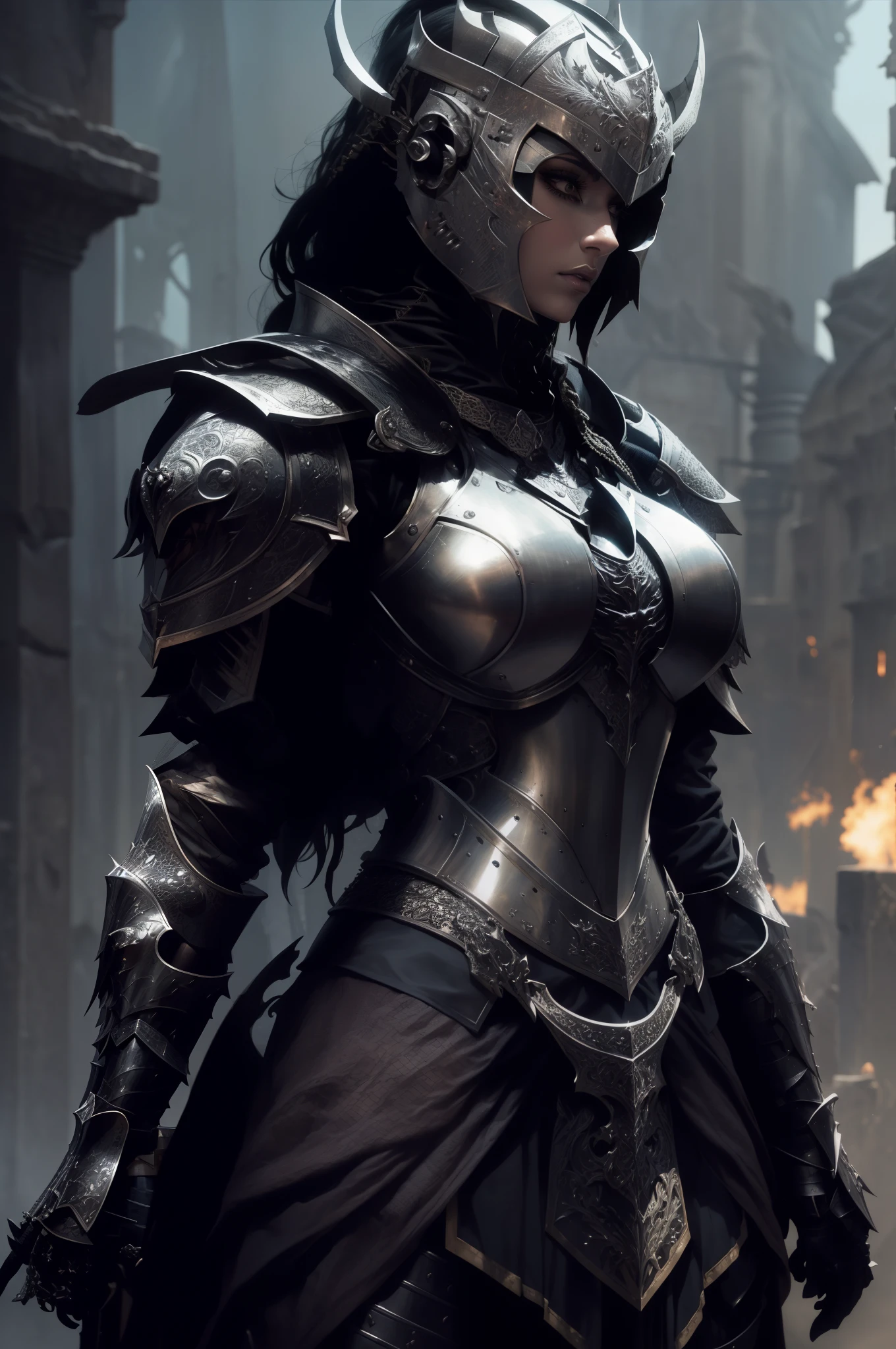 a close up of a woman in armor with a sword, stunning armor, beautiful armor, very stylish fantasy armor, pale black armor, armor girl, fantasy armor, of a beautiful female knight, beautiful female knight, female armor, dark armor, black armor, heavy fantasy armor, female knight, armored warrior, gothic armor, girl in knight armor, stylish armor