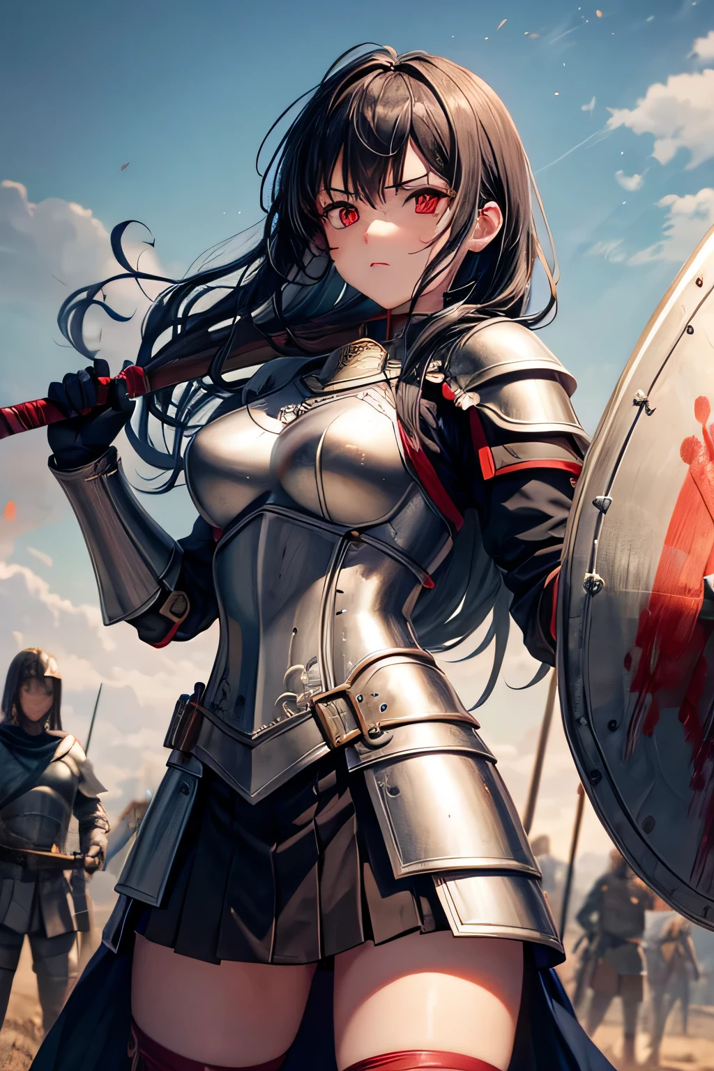 battlefield, girl in full roman armor, spear in the right hand, shield in the left hand, blood on the armor, mad face, black hair, red eyes, bodies by her side