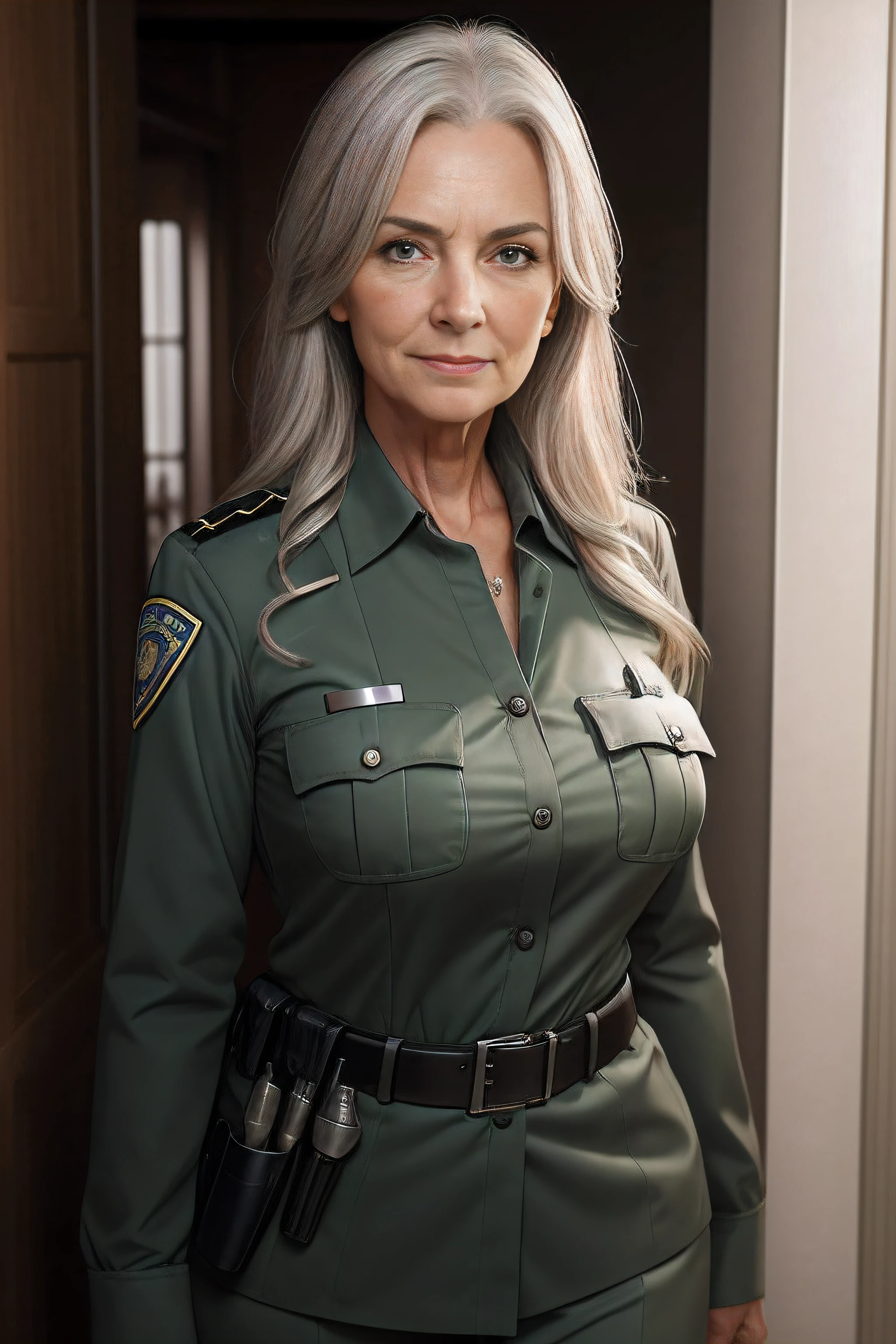 portrait of a 70-year-old woman with long gray hair, seductive gaze, green eyes, some wrinkles on her face,  8k, detailed background, utlra realistic, realism, exta realistic, wrinkles on body, police department background , police officer suit, random sexy pose,  police officer clothes with high neckline, showing full body, full body, extra small titts, small breasts, looking at viewer from below, light smile, teeth indoors,soft lighting, extreme detail, hdr, short hair