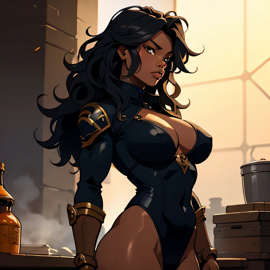 (masterpiece, best quality, absurdres, beautiful, aesthetic, detailed, cell shading) Solo, female, standing, muscular, forge background, ebony skin, messy hair, wavy hair, well drawn eyes, black smith clothes, angled profile