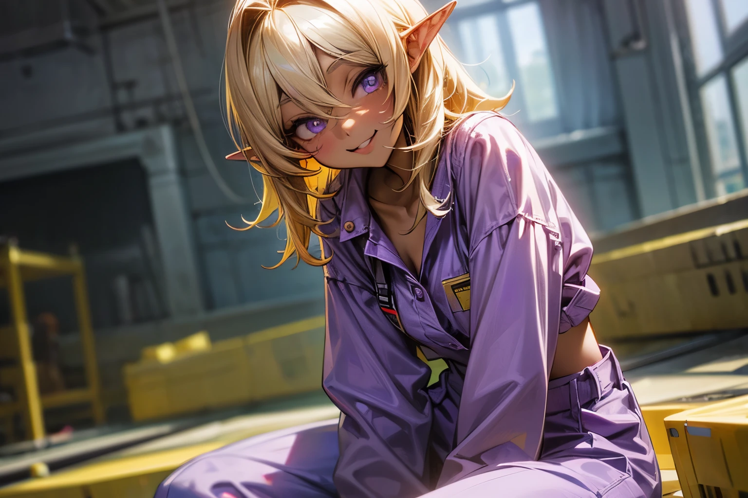 ((Masterpiece)), (Anime:1.3), ((best quality)), (RAW photo:1.2), (High Definition:1.3), (Professional Photography:1.2), (12 years old), (1girl), cute young girl, (Sitting paw posing:1.4), BREAK, (naughty face:1.3), (Beautiful purple daiamond eyes:1.5), (dark skin), elf girl, wearing Gray Workwear Coveralls, flat chest, slender waist, BREAK, (hair over eyes:1.2), Silky unruly hair, medium hair, ((blond hair)), wearing Gray Workwear Coveralls, (on the construction site),