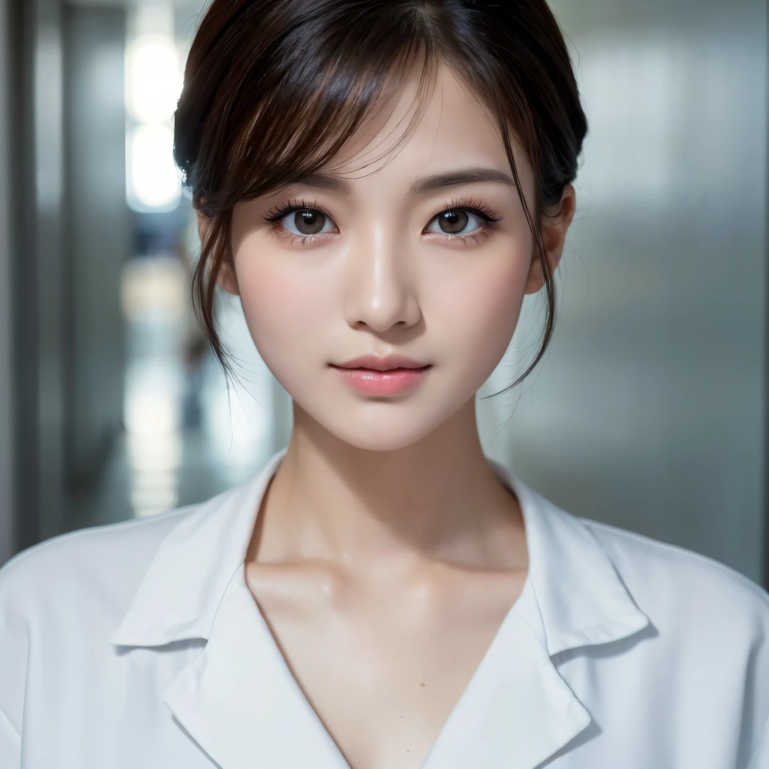 ((highest quality, table top, ultra high resolution、the most complex and detailed depiction))、(A beautiful nurse wearing a white coat:1.1)、plain white nurse cap、short hair、perfect makeup、long eyelashes、double eyelid、lipstick、(emphasize body line:1.1)、big breasts、stare at me dreamily、ecstatic expression、Expression of sexual excitement、The background is a blurred wide hallway of a large hospital.、Modern and clean hospital hallway、A dark hospital hallway at night、moody and romantic、close up of face、ultra high resolutionの光沢のある唇、Ultra high definition perfect face、Super high quality hair、Ultra-high-definition eyes、ultra high resolutionの完璧で自然な歯、Ultra high definition glossy skin