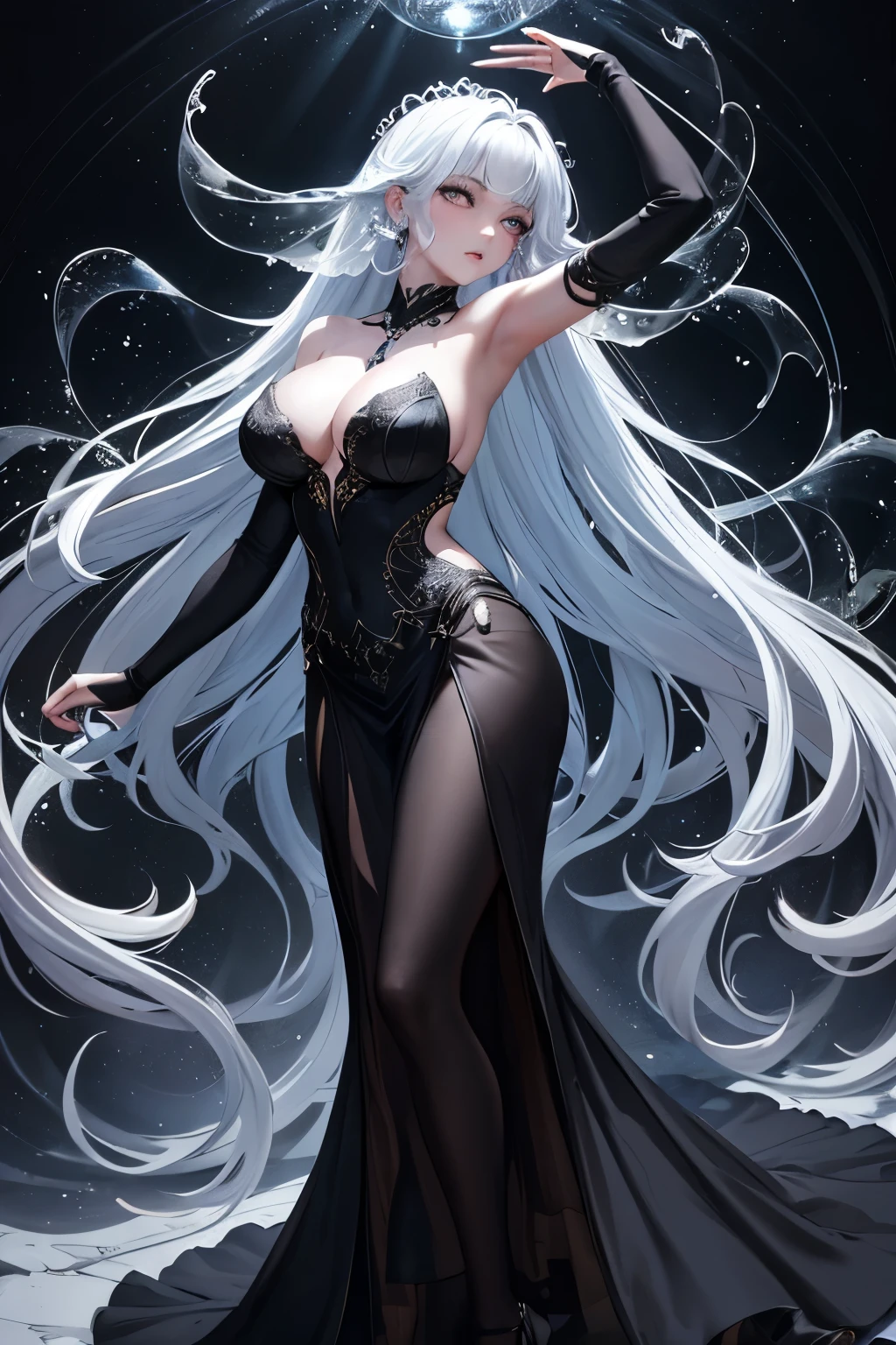 Amidst the enchanting black background, a beautiful adult girl comes alive, effortlessly dancing in a majestic large gown made of vibrant, swirling smoke. The intricately designed frock ripples and flows, casting playful shadows against the darkness. Each curve and line of her figure is meticulously captured in this 3D masterpiece. With every step, a silvery trail follows, adding an ethereal touch to her mesmerizing dance.
Her delicate, porcelain skin glows with an otherworldly radiance, casting a gentle light upon the smoky surroundings. Her long, lustrous hair cascades down her back in a shimmering waterfall of curls