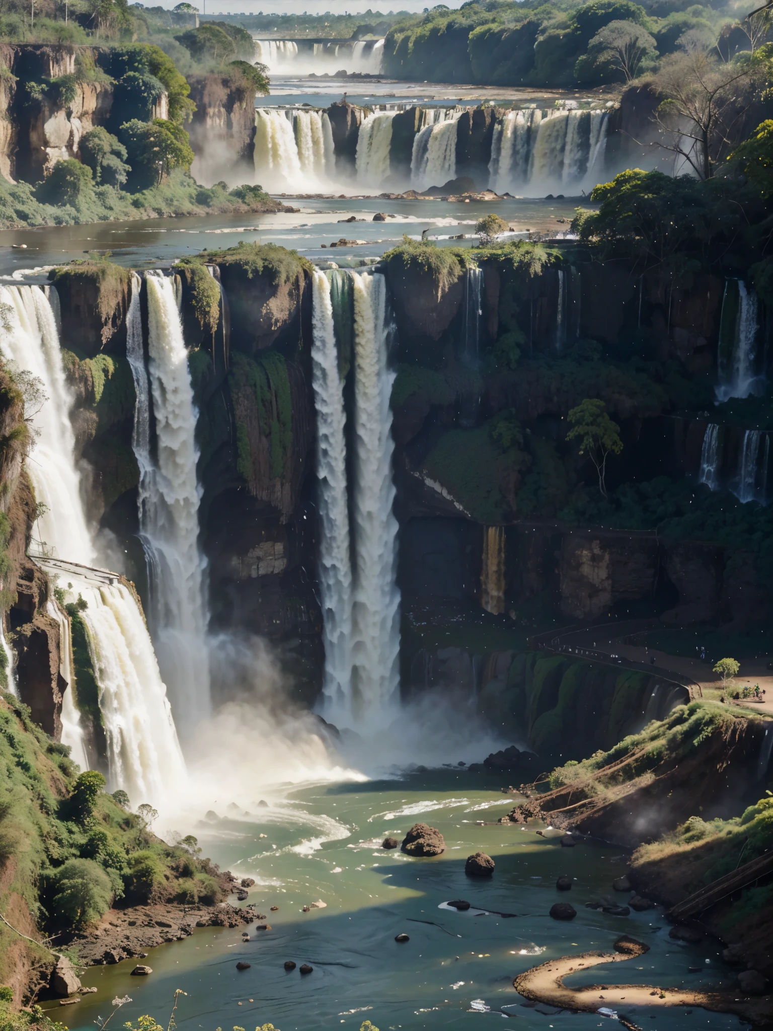 obra maestra, hiperrealista, Iguazu falls, con pasarelas para turistas:1.2 , crearlo como el mejor pintor de acuarelas,iluminacion perfecta, luz y sombras,( selva misionera, aves, mariposas), mejor calidad, 32k