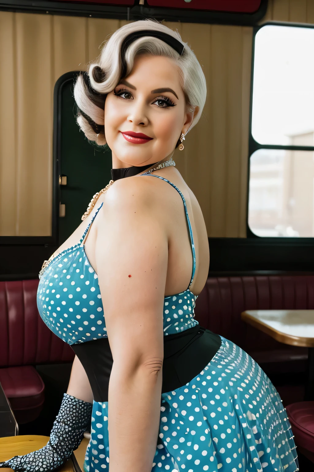 fat fashion, a beautiful old lady, 80 years old, curvy body, (wearing a vintage short formal dresses with polka dots), wearing long glove, realistic, chubby, intricate, hyper realistic, 8k, intricately detailed, cinematic, stunning realistic photography, perfectly detailed face, highly detailed, vibrant, natural skin, real skin texture, octane rendering, gray hair, happy face, ass, (60s vintage diner ), (huge breasts:1.0), neckless, bracelets, brooch, vintage photography, ((wearing long glove)), old, side view