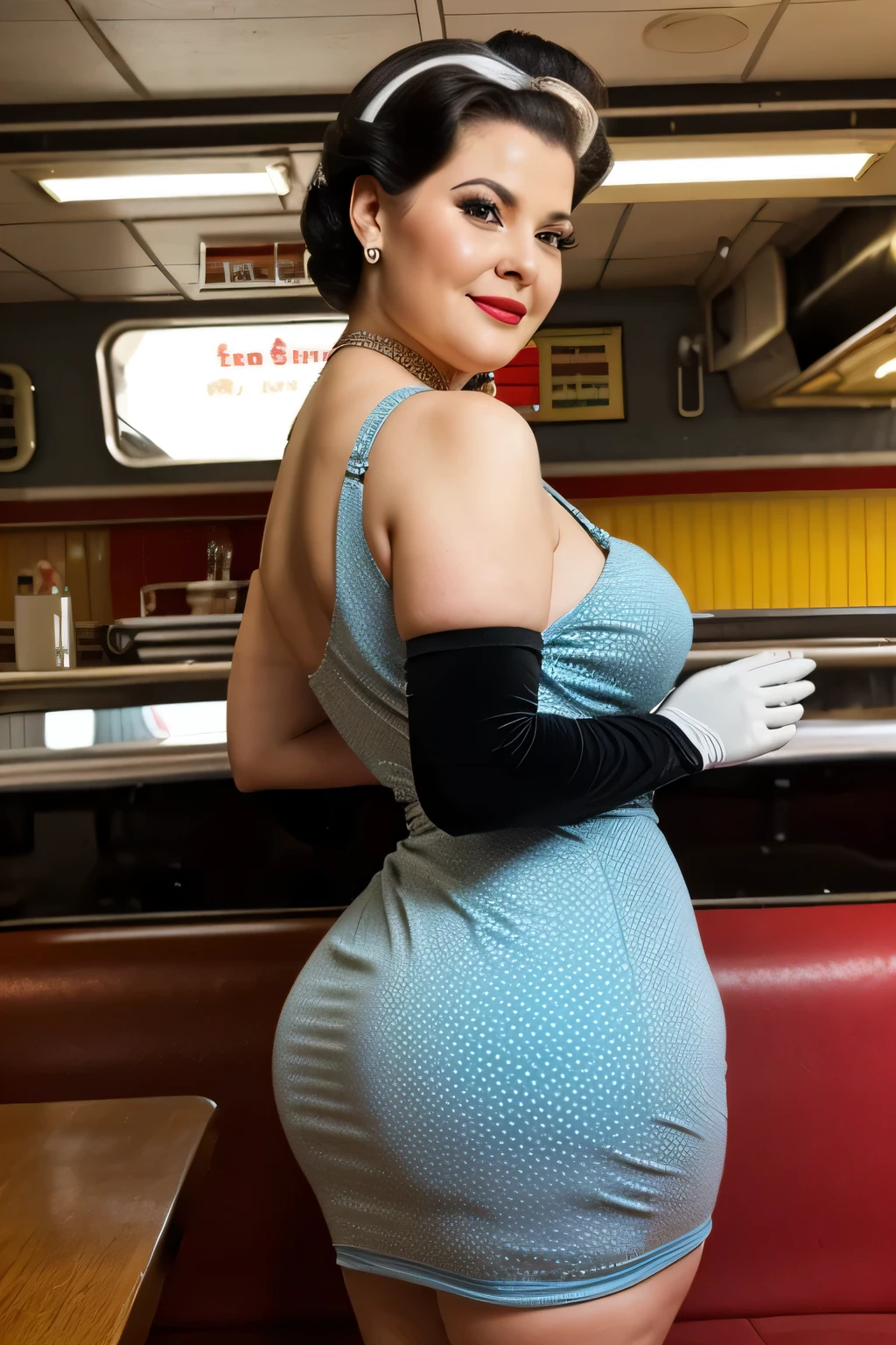 fat fashion, a beautiful old lady, 80 years old, curvy body, (wearing a vintage short formal dresses with polka dots), wearing long glove, realistic, chubby, intricate, hyper realistic, 8k, intricately detailed, cinematic, stunning realistic photography, perfectly detailed face, highly detailed, vibrant, natural skin, real skin texture, octane rendering, gray hair, happy face, ass, (60s vintage diner ), (huge breasts:1.0), neckless, bracelets, brooch, vintage photography, ((wearing long glove)), old, side view