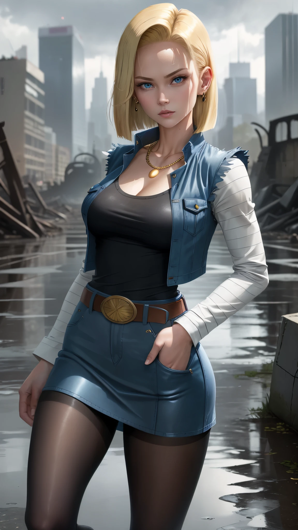 best quality, high-res, and18, 1girl, android 18, solo, blonde hair, blue eyes, belt, tight blue demin skirt, gold necklace, black shirt, short hair, long sleeves, striped sleeves, earrings, open vest, blue denim vest, large breasts, cowboy shot, city park, straight-on, (weather: raining), sexy pose, full length pantyhose, battle ruins, wide hips, wet shirt,