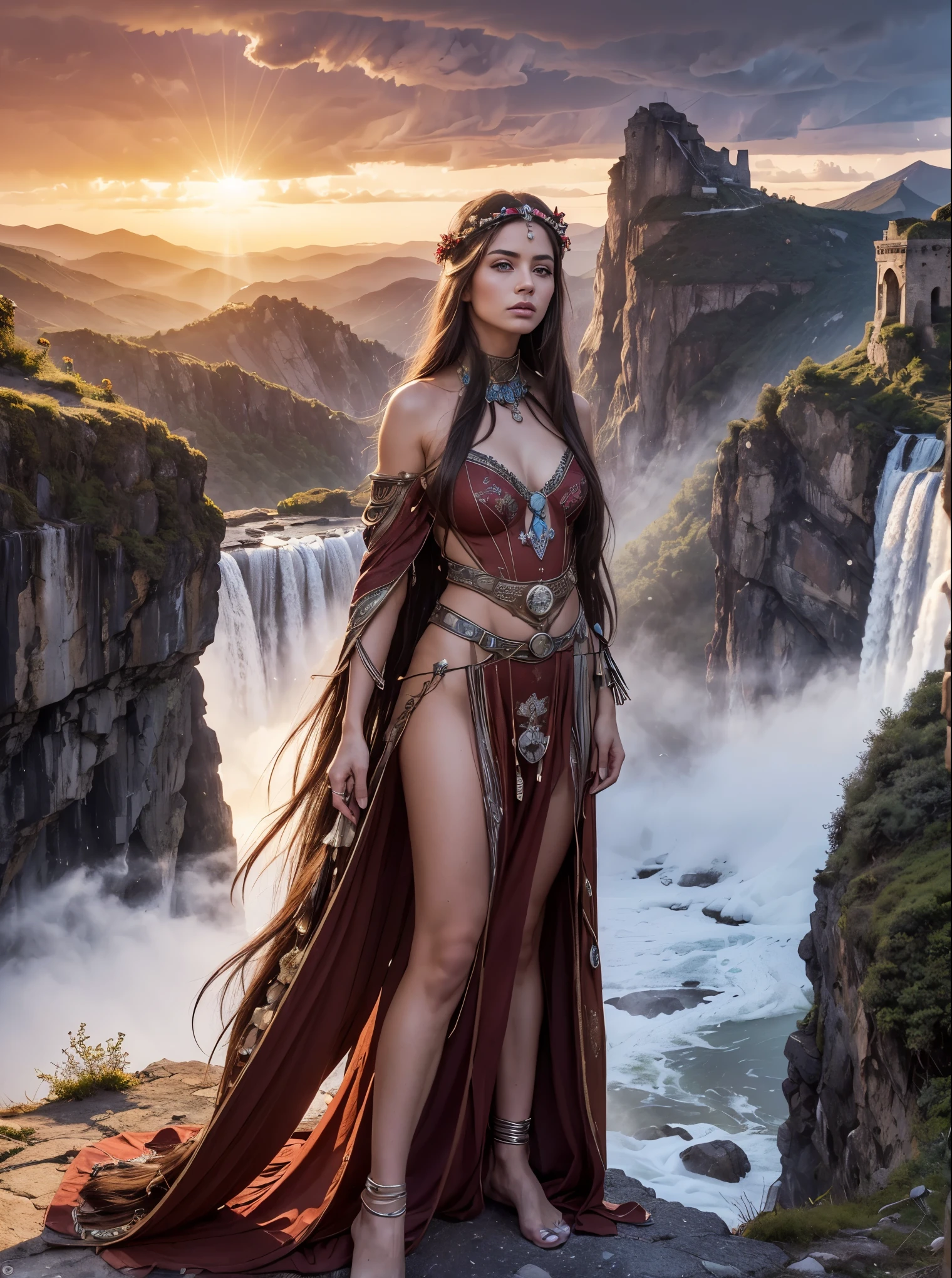 Trending on Artstation, Rachel Walker, BEAUTIFUL WOMAN on the mountain, sunset sky, red sunset clouds, sunset, long hair in the wind, eagle feathers, eagle queen, goddess dressed in eagle feathers, fantasy, overexposure, perfect eyes, metallic colors, surreal art , full body, bare feet, view of mountainous horizon, lake in the distance, lady in the center of the scene, ((huge full moon in front of the sun)), ((transparent clothing)), ((dark storm clouds with lightning)), falls lightning, light drizzle, fog in the distance, goddess on top of the mountain, girl standing, toenails painted red, ((flowers on top of the mountain)), (((rock bridge between mountains))), ((ancient castle embedded in the mountain)), lantern and lamp, ((exaggeratedly long hair)), ((hair moved by strong wind)), ((native clothing)) , ((silver hair)), ((face of Caucasian European woman)), (((waterfall going down the mountain)), ((la diosa esta inclinada mirando el vacio)), (((la dama esta inclinada observando el vacio del valle))), ((the goddess is leaning looking into the void)), (((the lady is leaning looking into the void) from the valley))),