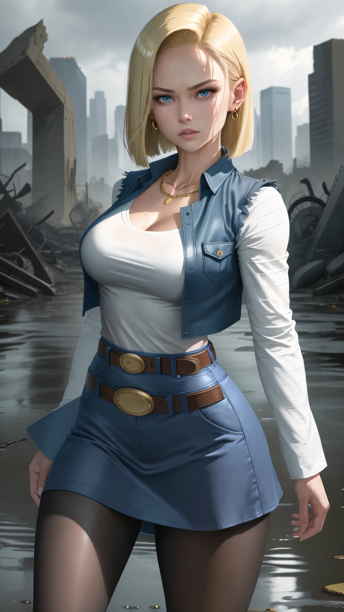 best quality, high-res, and18, 1girl, android 18, solo, blonde hair, blue eyes, belt, tight blue demin skirt, gold necklace, black shirt, short hair, long sleeves, striped sleeves, earrings, open vest, blue denim vest, large breasts, cowboy shot, city park, straight-on, (weather: raining), sexy pose, full length pantyhose, battle ruins, wide hips, wet shirt,