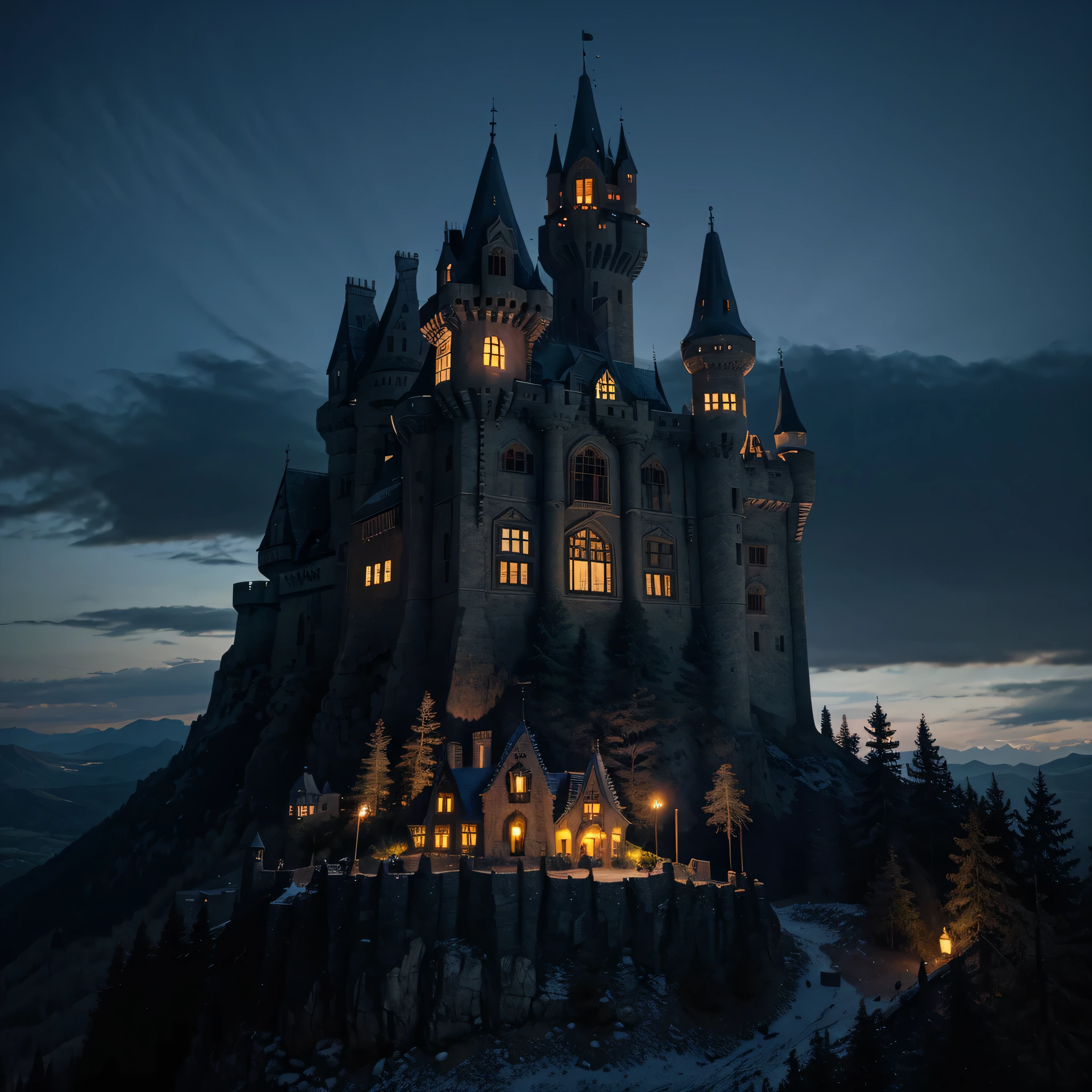Castle on top of a mountain at night, eerie scene, ghost, monsters and bats around the fores