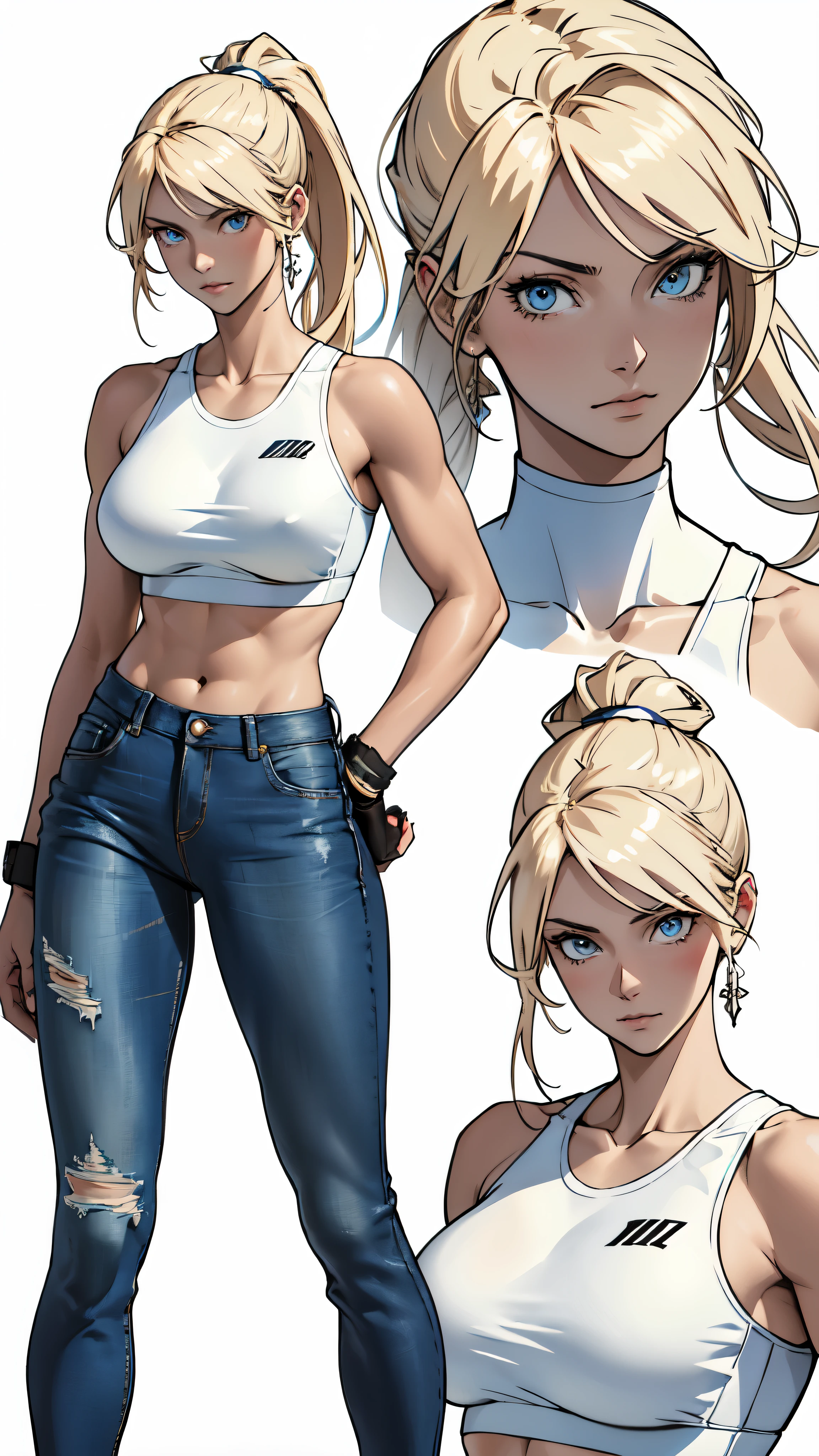(absurdres, highres, ultra detailed),(absurdres, highres, ultra detailed), 1 female, adult, beautiful, tall lady, thin waist, (((big breasts))), finely detailed eyes and detailed face, elegant long light blonde hair tied in a ponytail, (wearing a white sports bra and tight blue jeans), elegant, neat, graceful, seductive look, attractive, light blue eyes, white background, (anime character sheet), (full body), (several poses and expressions)