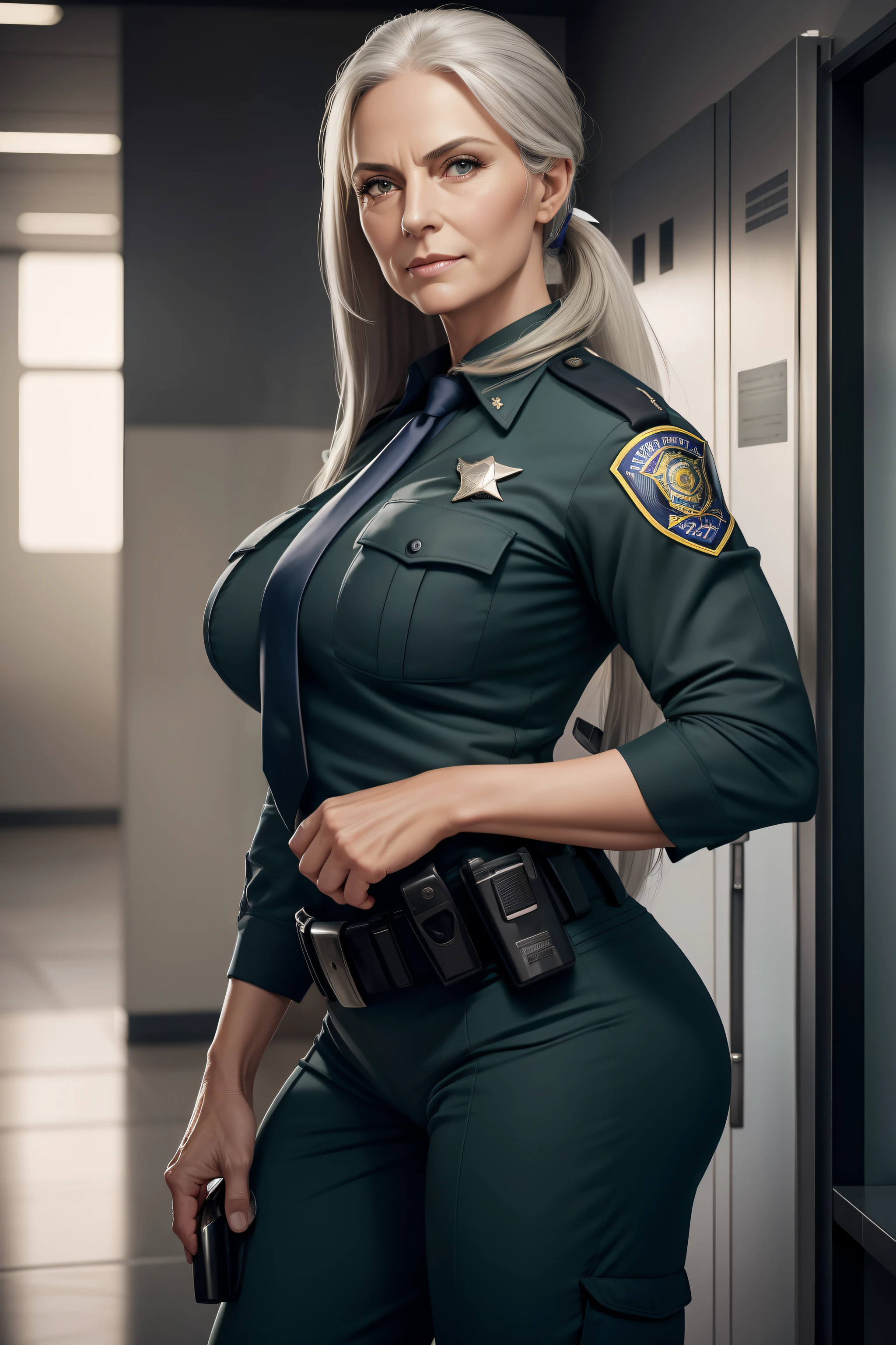 portrait of a 70-year-old woman with long gray hair, seductive gaze, green eyes, some wrinkles on her face,  8k, detailed background, utlra realistic, realism, exta realistic, wrinkles on body, police department background , police office background, police department corridor background, police officer suit, random sexy pose,  police officer clothes with high neckline, showing full body, full body, extra small titts, small breasts, looking at viewer from below, light smile, teeth indoors,soft lighting, extreme detail, hdr, long ponytail hair, ((very fit female athletic sexy muscle body))