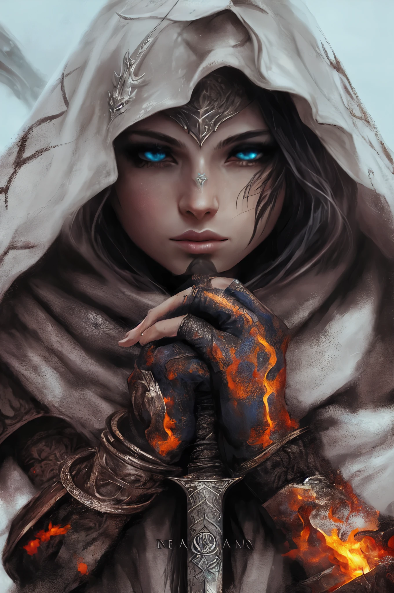 a woman with a hood and a sword in her hands, beautiful necromancer, 4k fantasy art, 8k fantasy art, epic fantasy art portrait, detailed matte fantasy portrait, trending digital fantasy art, hyperrealistic fantasy art, beautiful sorceress, beautiful necromancer girl, digital fantasy art, epic fantasy digital art style, realistic fantasy artwork