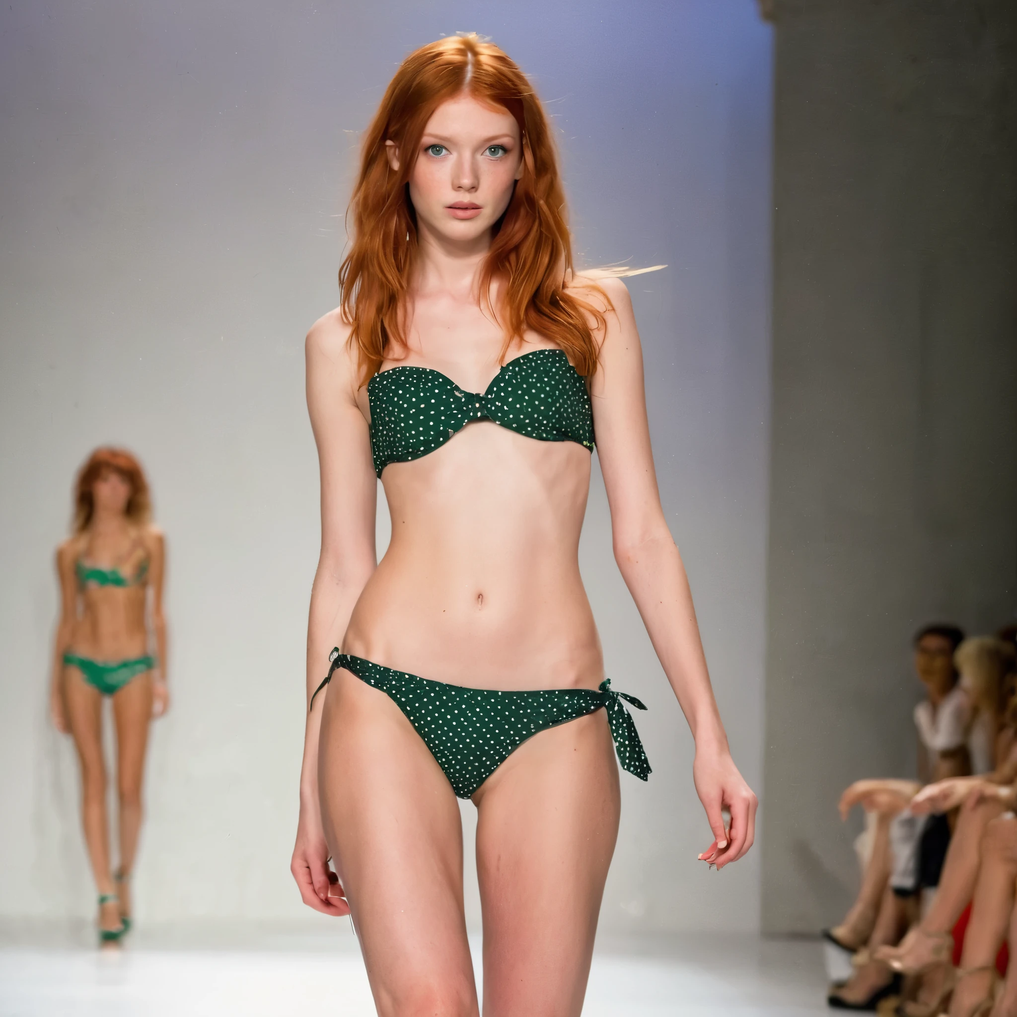 ((best quality)), ((detailed)),(masterpiece), ((cute perfect face, young 18 years old thin girl, skinny legs, skinny thighs, skinny waist:1.1)), ((red hair), green eyes, red hair), (freckles:0.7), ((high heels, bikini, Fashion Show, catwalk))