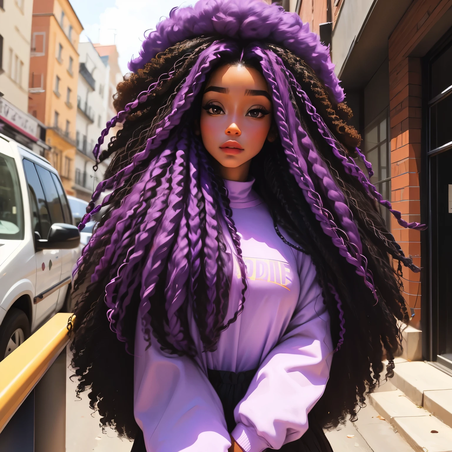 a brunette girl with afro features and long, straight purple hair