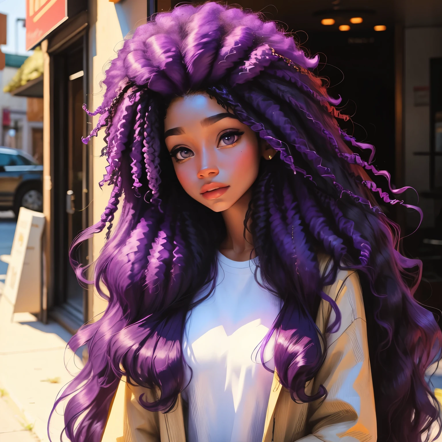 a brunette girl with afro features and long, straight purple hair