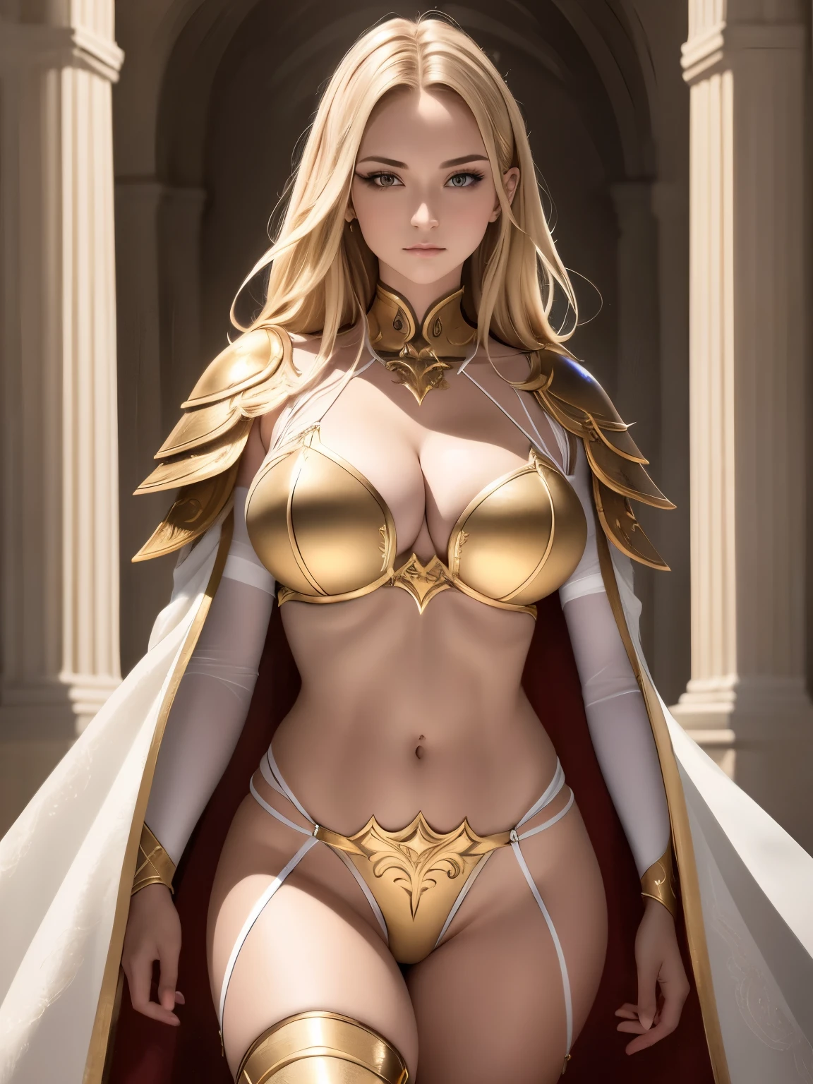 (disorganized, intricate details, masterpiece, highest quality, High resolution, 8k), 1 female, brave face, masked, The eyes and face are detailed, auburn low fade hair, amber eyes, portrait, looking at the viewer, alone, half shot, detailed background, (light fantasy theme:1.1), focus on, mercenary, sunlight, floating scraps, color plate armor, sacred aura, bright and realistic lighting, marble castle, intense atmosphere, circlet, coat of arms, brazier, , Depth of the bounds written, VFX.