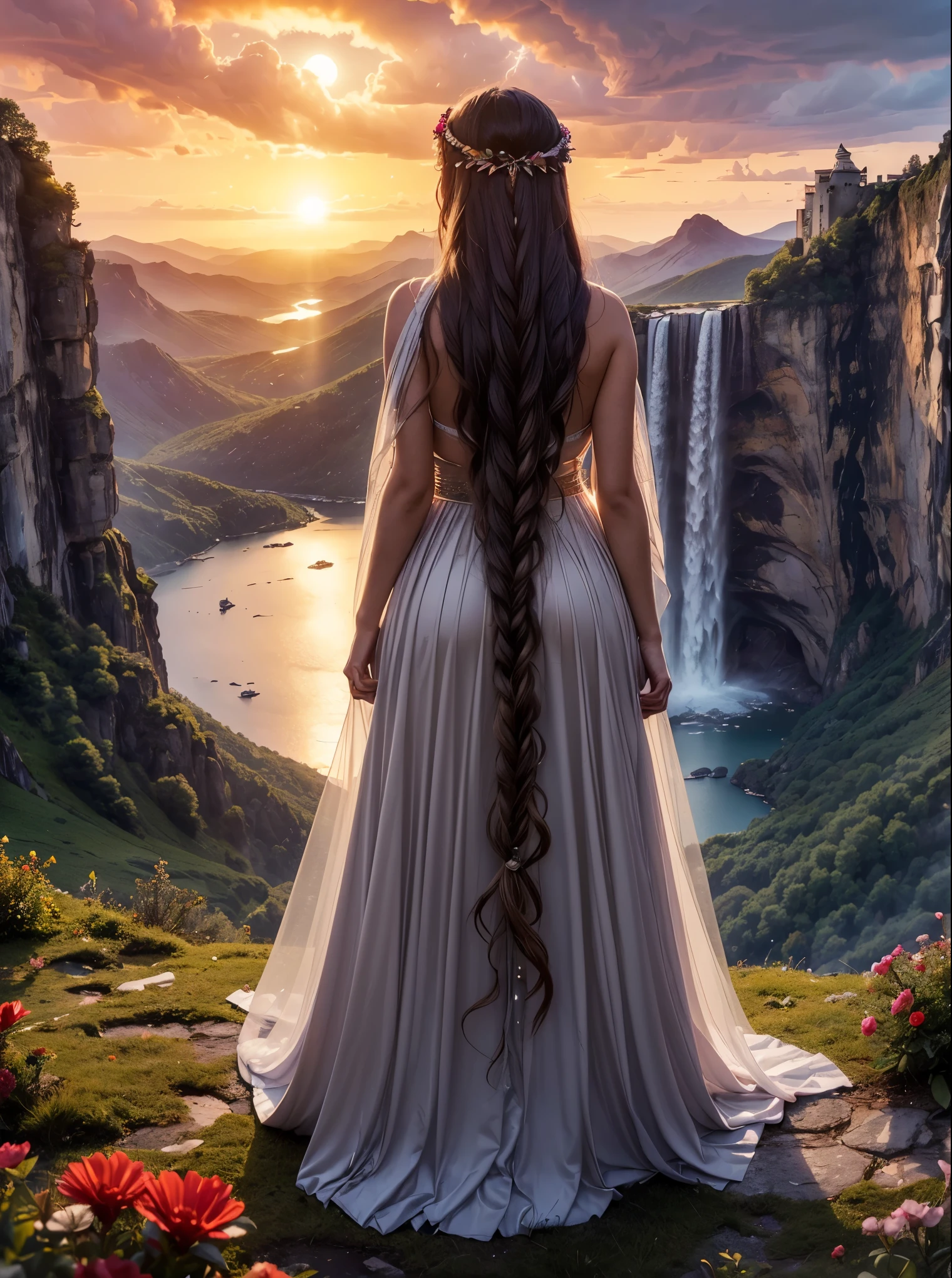 Trending on Artstation, Rachel Walker, BEAUTIFUL WOMAN on the mountain, sunset sky, red sunset clouds, sunset, long hair in the wind, eagle feathers, eagle queen, goddess dressed in eagle feathers, fantasy, overexposure, perfect eyes, metallic colors, surreal art , full body, bare feet, view of mountainous horizon, lake in the distance, lady in the center of the scene, ((huge full moon in front of the sun)), ((transparent clothing)), ((dark storm clouds with lightning)), falls lightning, light drizzle, fog in the distance, goddess on top of the mountain, girl standing, toenails painted red, ((flowers on top of the mountain)), (((rock bridge between mountains))), ((ancient castle embedded in the mountain)), lantern and lamp, ((exaggeratedly long hair)), ((hair moved by strong wind)), ((native clothing)) , ((silver hair)), ((face of Caucasian European woman)), (((waterfall going down the mountain)), ((la diosa esta inclinada mirando el vacio)), (((la dama esta inclinada observando el vacio del valle))), ((the goddess is leaning looking into the void)), (((the lady is leaning looking into the void) from the valley))),