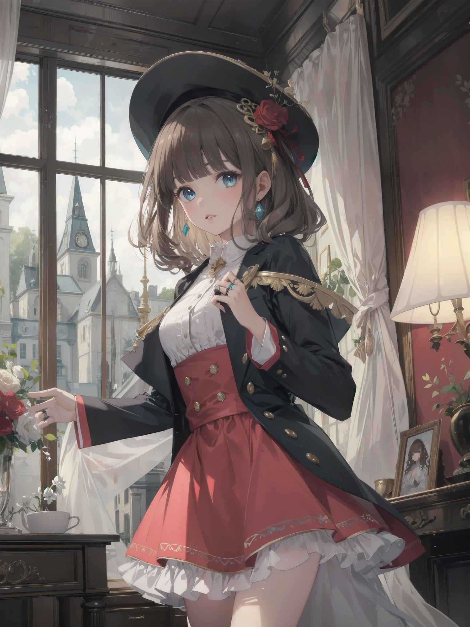 (((( best quality, masterpiece )))), ultra-detailed illustration, realistic, colorful
BREAK.
1girl, solo, outstanding looks, beautiful, bangs, brown hair, curly hair, red lips, medium hair, blunt bangs, aquamarine blue eyes,
BREAK
Bold poz, Cute poz, Embarrassing, Upward glance,
BREAK
Cosplay costume, rings, jewelry, earrings, ribbons, , hair ribbons, shirt, buttons, hat, red dress, dress, long sleeves
BREAK
Otherworldly Fantasy World View, Lamp, Indoors, Blurred Background, Kettle, Curtain, Raising Hand, Looking At Viewer, Distant, Window,