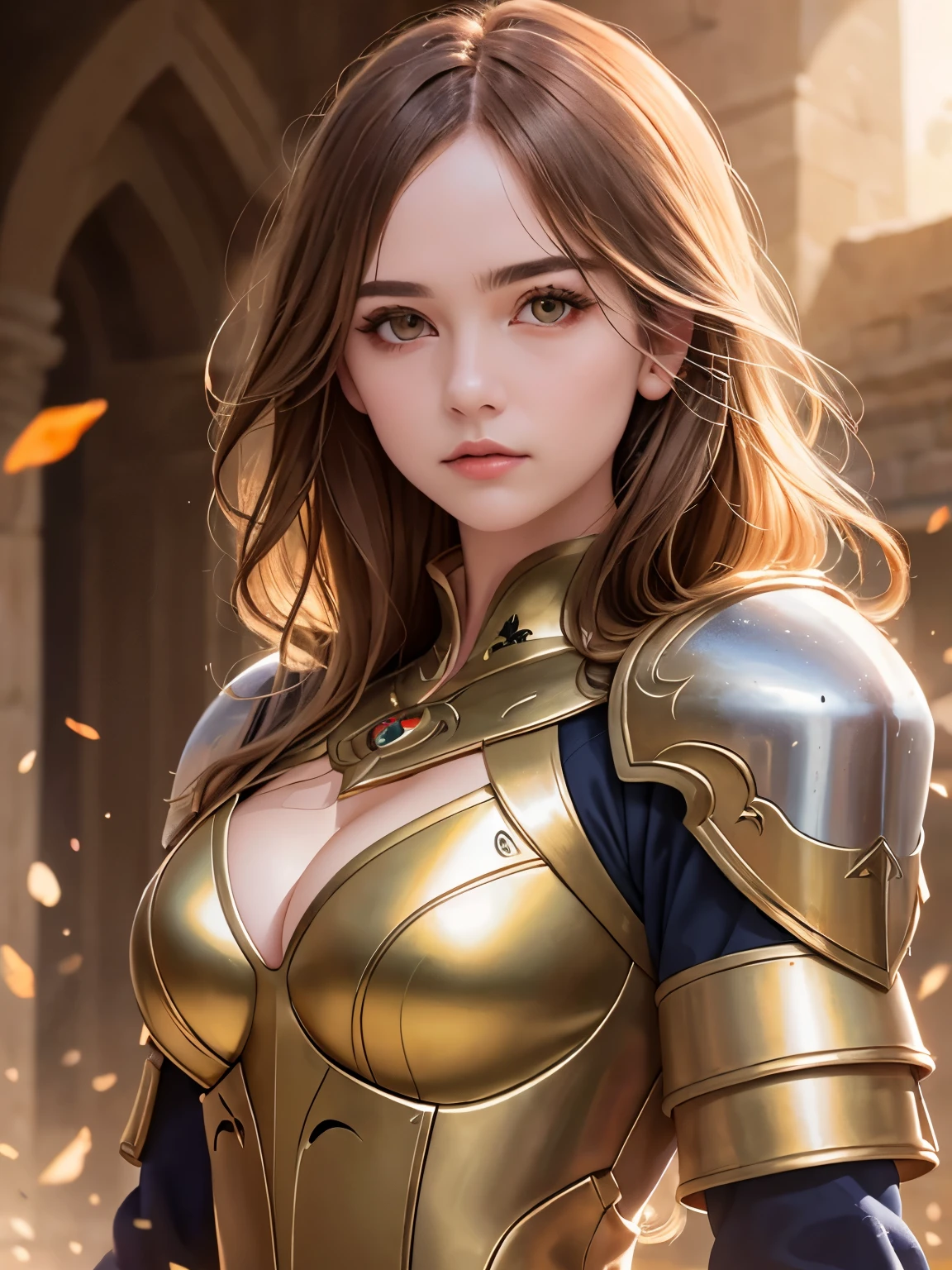 (disorganized, intricate details, masterpiece, highest quality, High resolution, 8k), 1 female, brave face, masked, The eyes and face are detailed, auburn low fade hair, amber eyes, portrait, looking at the viewer, alone, half shot, detailed background, (light fantasy theme:1.1), focus on, mercenary, sunlight, floating scraps, color plate armor, sacred aura, bright and realistic lighting, marble castle, intense atmosphere, circlet, coat of arms, brazier, , Depth of the bounds written, VFX.