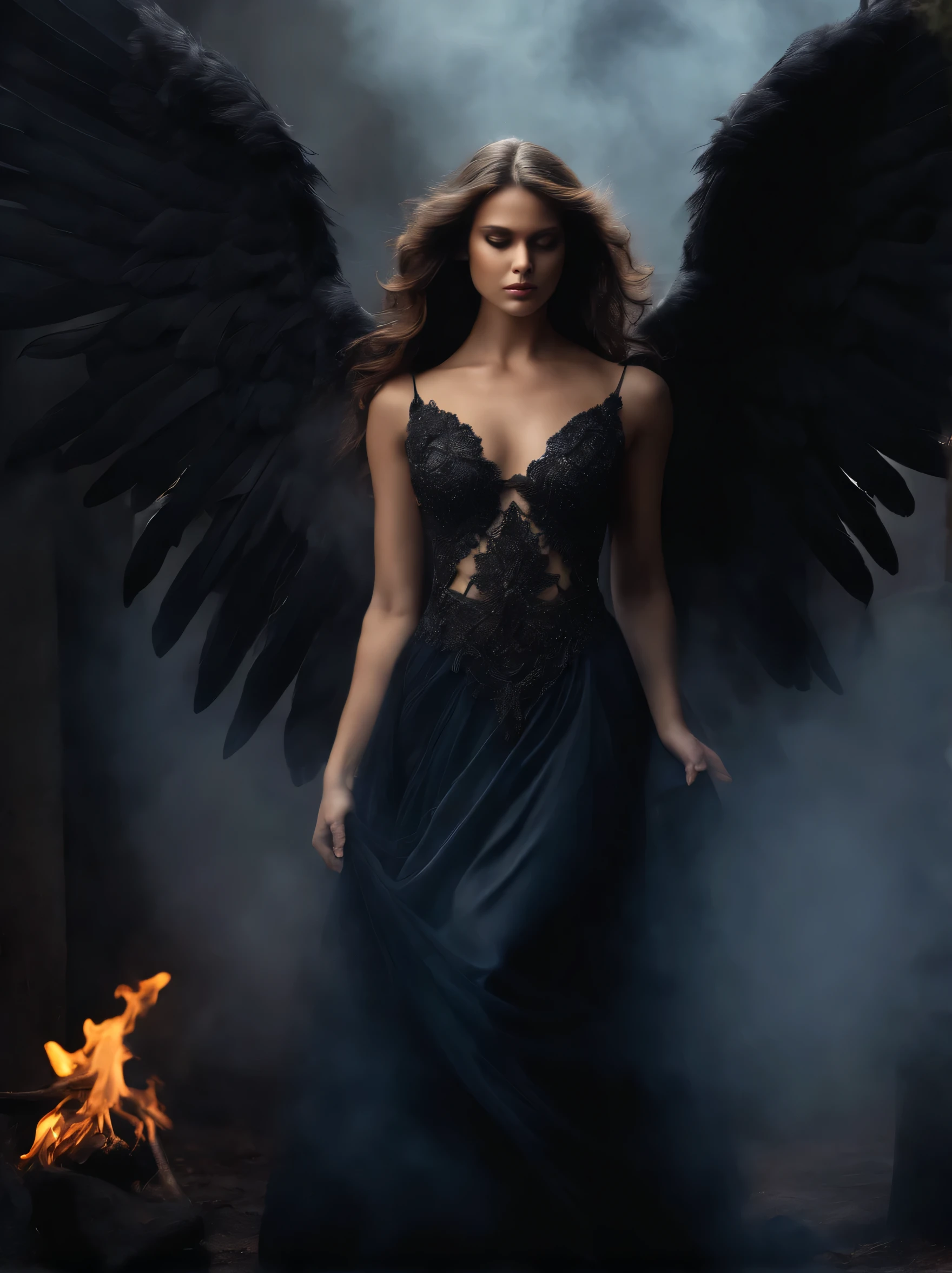 Ultra-realistic angelic figure: A dark angel with wings spread a gloomy, dark smoke setting