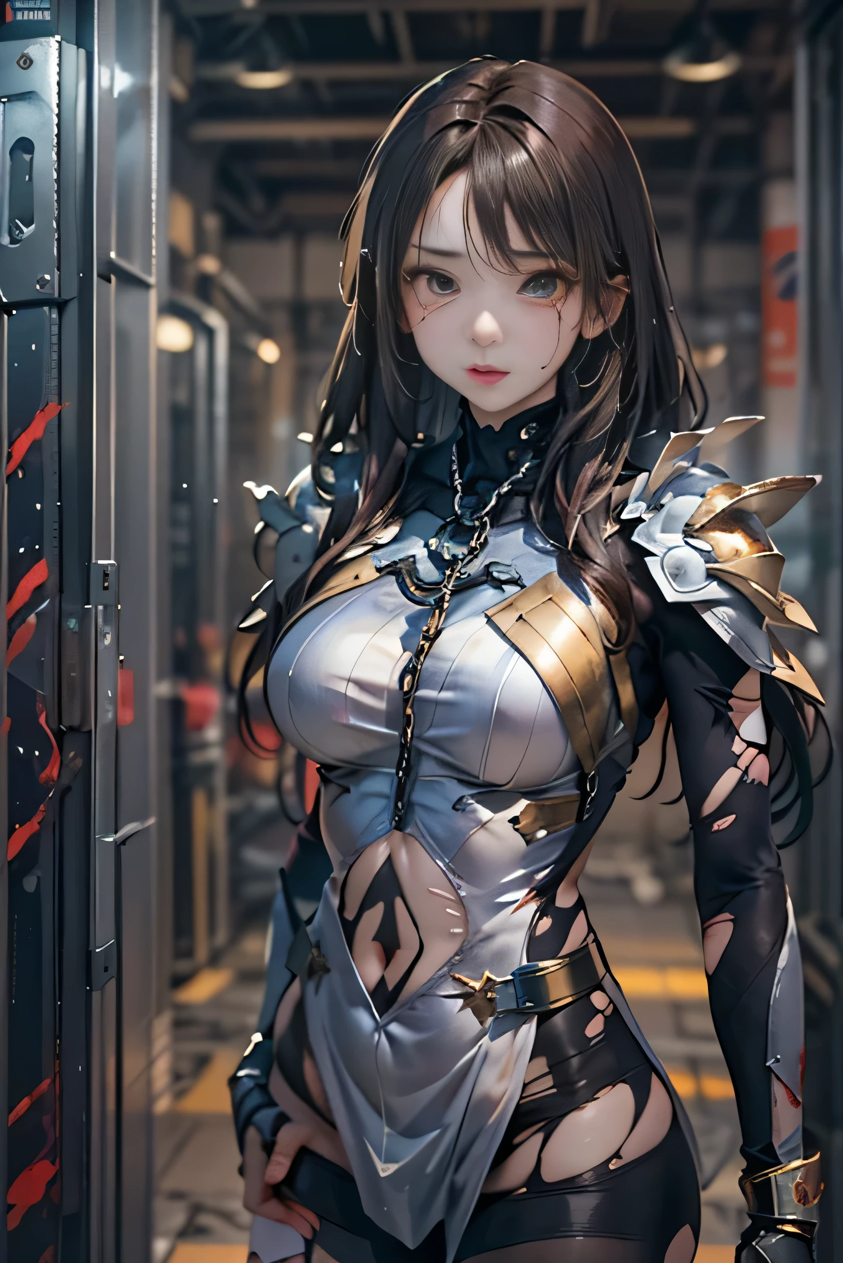 full body photography、photograph、sharpness、unique 850 4、koda850k portrait camera、F1.6 lenses、super realistic texture、spectacular light texture、Cinestil 800 Fashion Mechanics、exterior、Beautiful girl with slender abdominal muscles: 1.4、six pack abs: 1.4、bust botox、standing on tiptoe、long legs、brown hair waving in the wind、brown hair、long hair、Female Warrior Costume、((Wearing a torn sheer costume of a superheroine))、(No panties、No bra) )、sweating、wet、between legswet、thighs wet、(Futuristic SF battle fashion、elbow knee cyber pad、cyber glove: 1.1)、((Costume tear))、Her stomach is protruding and her navel is visible.、thin, transparent clothing、The lower part of the chest is torn、torn costume、Broken Golden Shield and Battle Spear、Cyber long combat boots with golden knee pads、Golden shoulder armor and battle bag、anatomical(Futuristic sci-fi battle fashion、Cracked elbow and knee cyber pads、torn cyber long boots、torn cyber glove: 1.1)、((The tip protrudes、areola protrudes、The shape of the genitals is clearly visible))、pain、((((tears flow、cry with pain))、Vast prison、 ((A large prison with sunlight))、dark fantasy、peeling of the ceiling、broken slab、reinforcing bars between cracks、Real details of material、extreme detail、Super real mate real、broken wall、Blood、junkyard、Blood splattered on my face、Blood splattered、real、(scratch、dirt、torn clothes、revealing clothes、Blood: 1.3)、torn cloak、torn pantyhose、restraint、((straddle the horizontal bar))、(completely chained)、restraint、slave、first round、contempt、(chained)、((between legsに食い込む鎖))、tied in the back hand、invisible hand、((Four chains suspended from heaven))、metal hand skeins and feet skeins、wet legs are clearly visible、((There is a steel pipe inside)between legs))、((Both necks are restrained above the head))、((Left feet tied at the knee and hanging。))、hand、feet、The neck is connected with five chains。 、A chain running from the left knee to the sky、rusty iron chain、(((between legsから突き出た金属棒が地面に刺さっている。)))、10 chains radiating from the back、Y-shaped balance pose with left feet tied、He has a Swarovski sword and shield on his feet.、Extend your left foot straight up without bending your knee.、