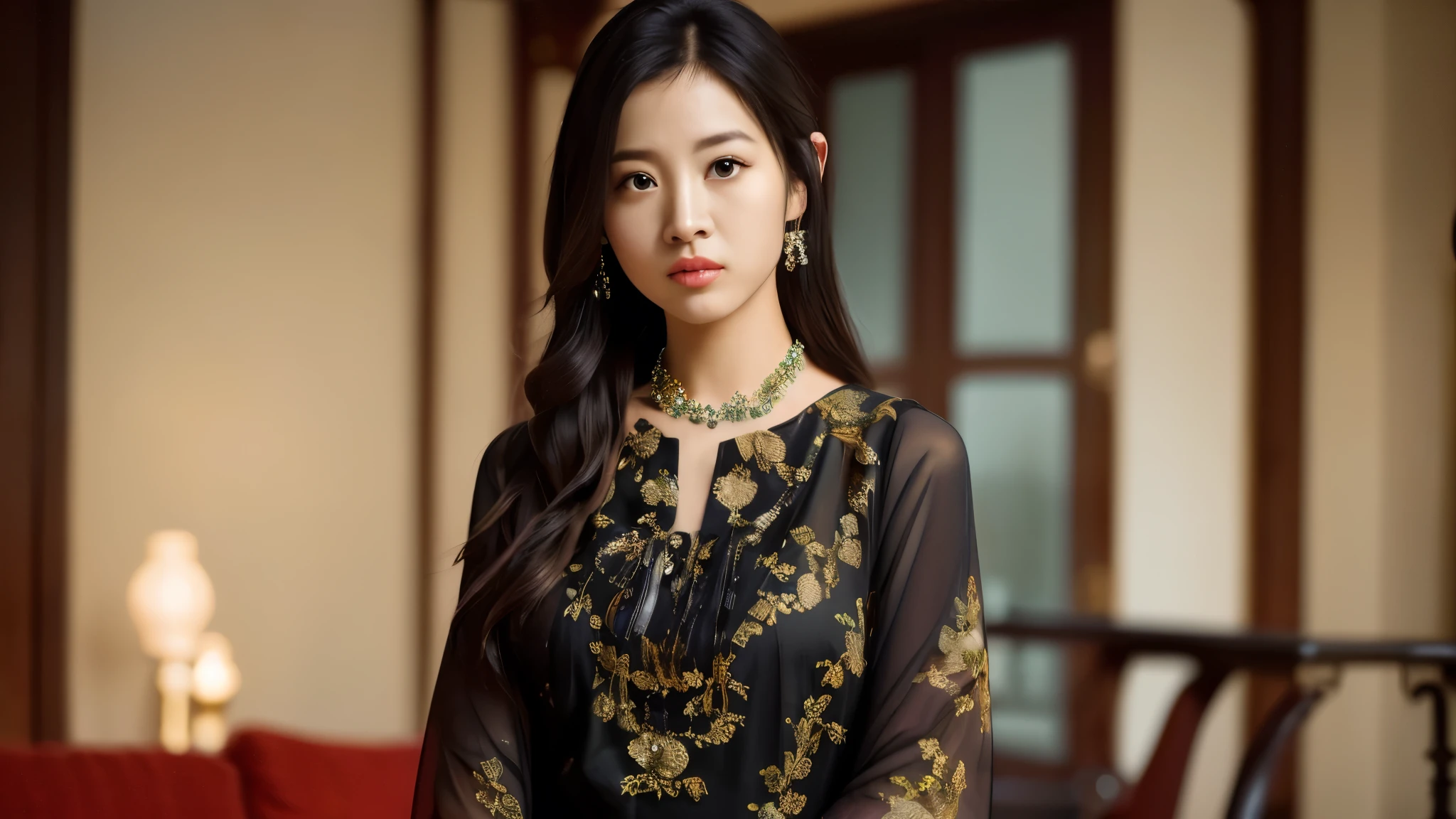 ,1 girl, alone, chinese girl, realistic, photograph, photorealistic, looking at the viewer, blurred background, black hair, necklace, alone focus, long hair, China dress, indoor, living room, cinematic lighting, Depth of the bounds written ,