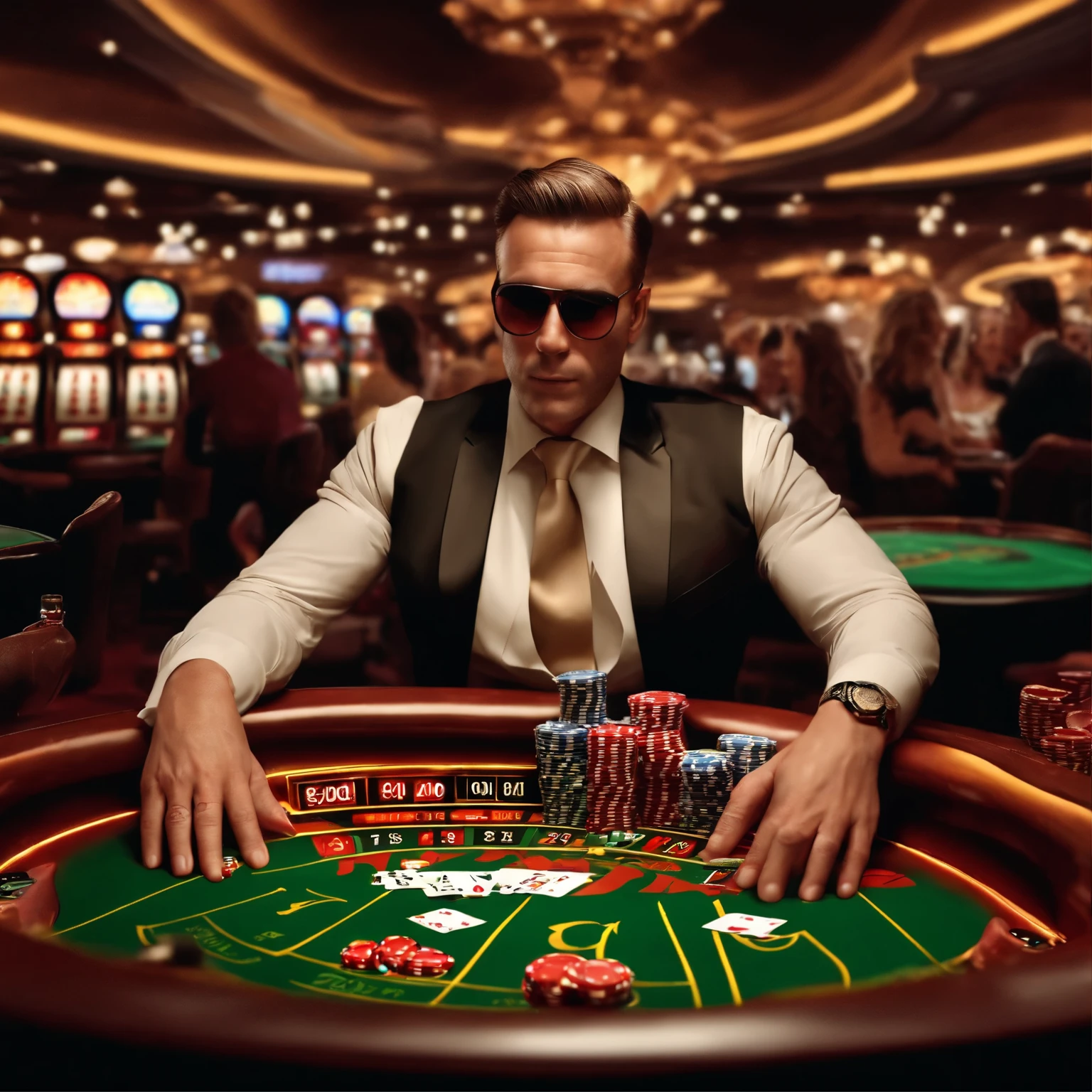 create an image demonstrating the style of ((Casino)) style, hyper realism, 8k high definition, vibrant colors, sharp focus, insanely detailed