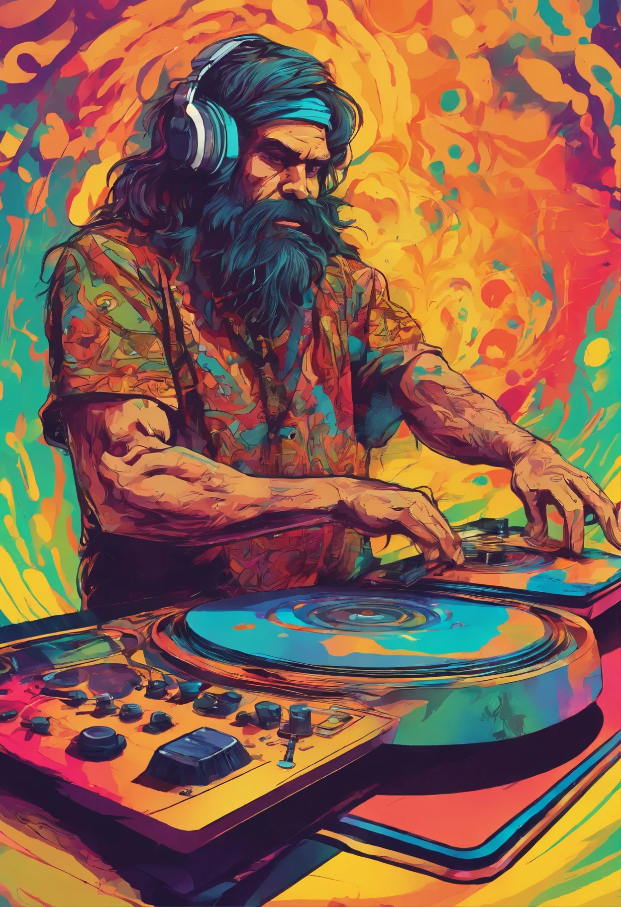  ultra-detailed,(realistic,vector:1.37),illustration caveman dj playing vinyl turntable, stand in front of vinyl console set ,ultra detailed illustration , grunge design , rustic art, bokeh, digital painting, soft lighting, stone age, rock art aesthetic, focused on the character, 