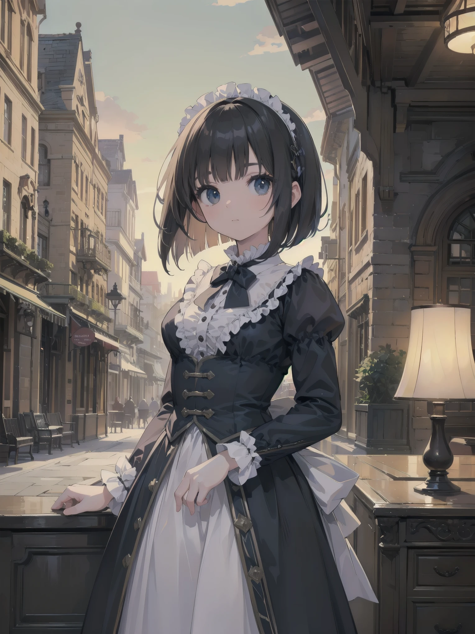(highest quality、16K、masterpiece、ultra high resolution、Victorian era、Photoreal:1.2)、cowboy shot、One length bob cut braided hair clip with front drop、brand uniform　cute、clear、 Tsundere、heroine attributes
