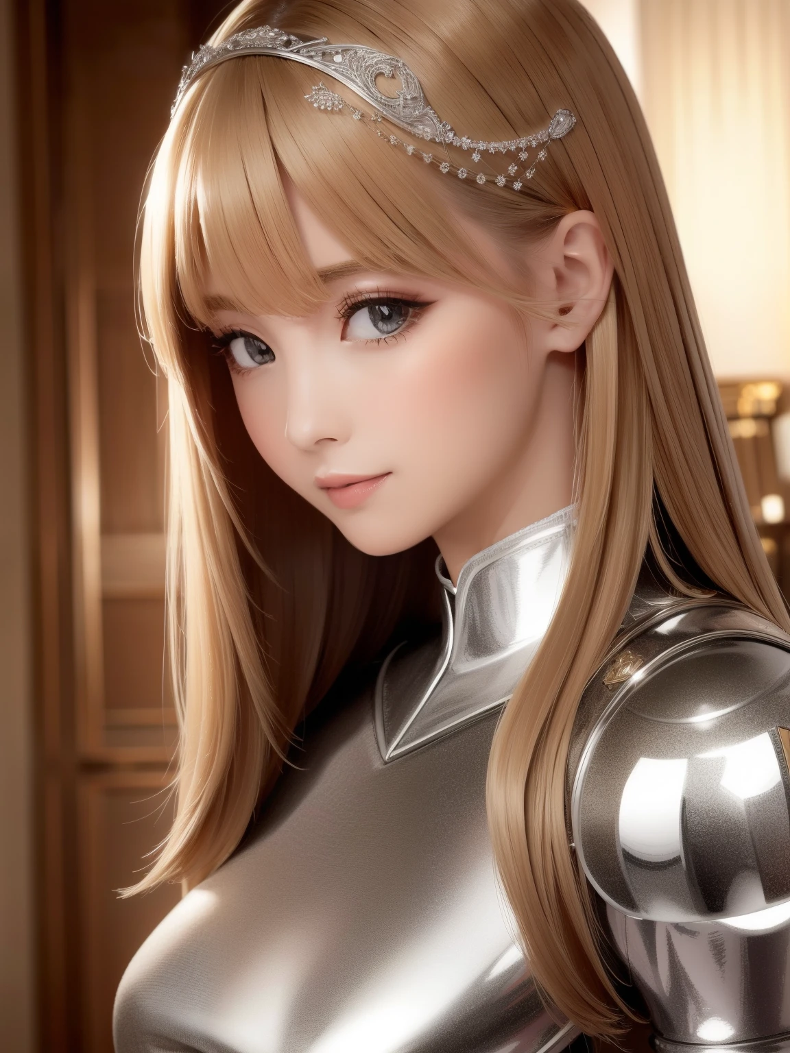 (disorganized, intricate details, masterpiece, highest quality, High resolution, 8k), 1 female, brave face, masked, The eyes and face are detailed, auburn low fade hair, amber eyes, portrait, looking at the viewer, alone, half shot, detailed background, (light fantasy theme:1.1), focus on, mercenary, sunlight, floating scraps, color plate armor, sacred aura, bright and realistic lighting, marble castle, intense atmosphere, circlet, coat of arms, brazier, , Depth of the bounds written, VFX.