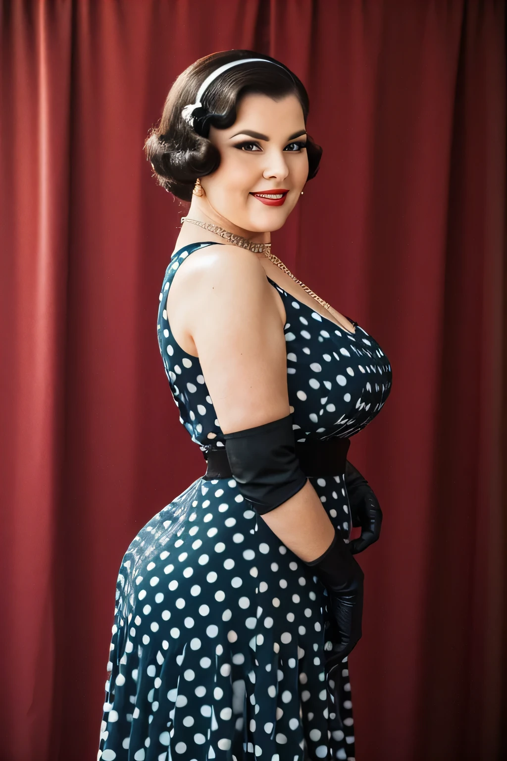 fat fashion, a beautiful old lady, 80 years old, curvy body, (wearing a vintage short formal dresses with polka dots), wearing long glove, realistic, chubby, intricate, hyper realistic, 8k, intricately detailed, cinematic, stunning realistic photography, perfectly detailed face, highly detailed, vibrant, natural skin, real skin texture, octane rendering, gray hair, happy face, ass, (60s vintage diner ), (huge breasts:1.0), neckless, bracelets, brooch, vintage photography, ((wearing long glove)), old, side view