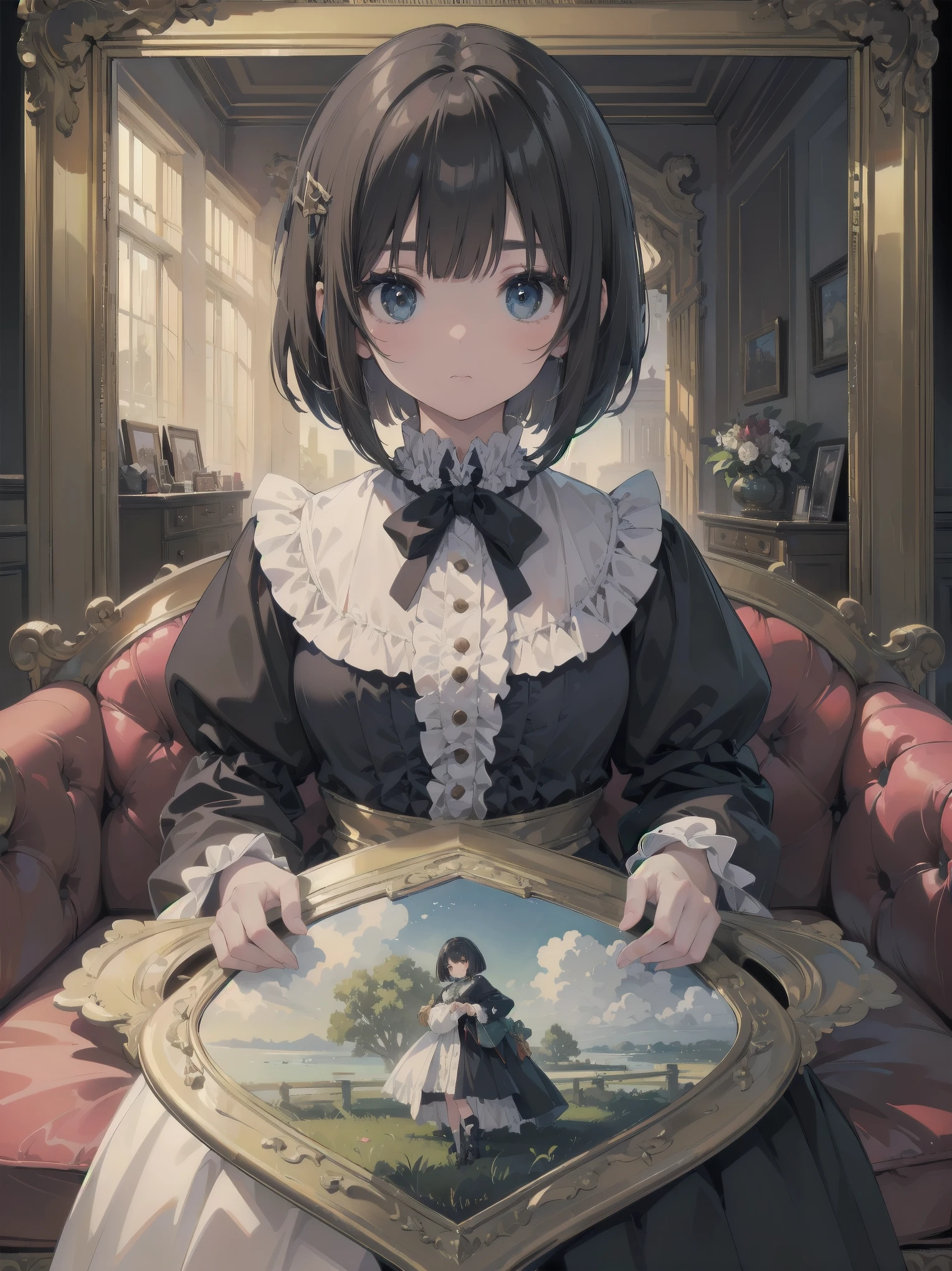 (highest quality、16K、masterpiece、ultra high resolution、Victorian era、Photoreal:1.2)、cowboy shot、One length bob cut braided hair clip with front drop、brand uniform cute、clear、 Tsundere、heroine attributes