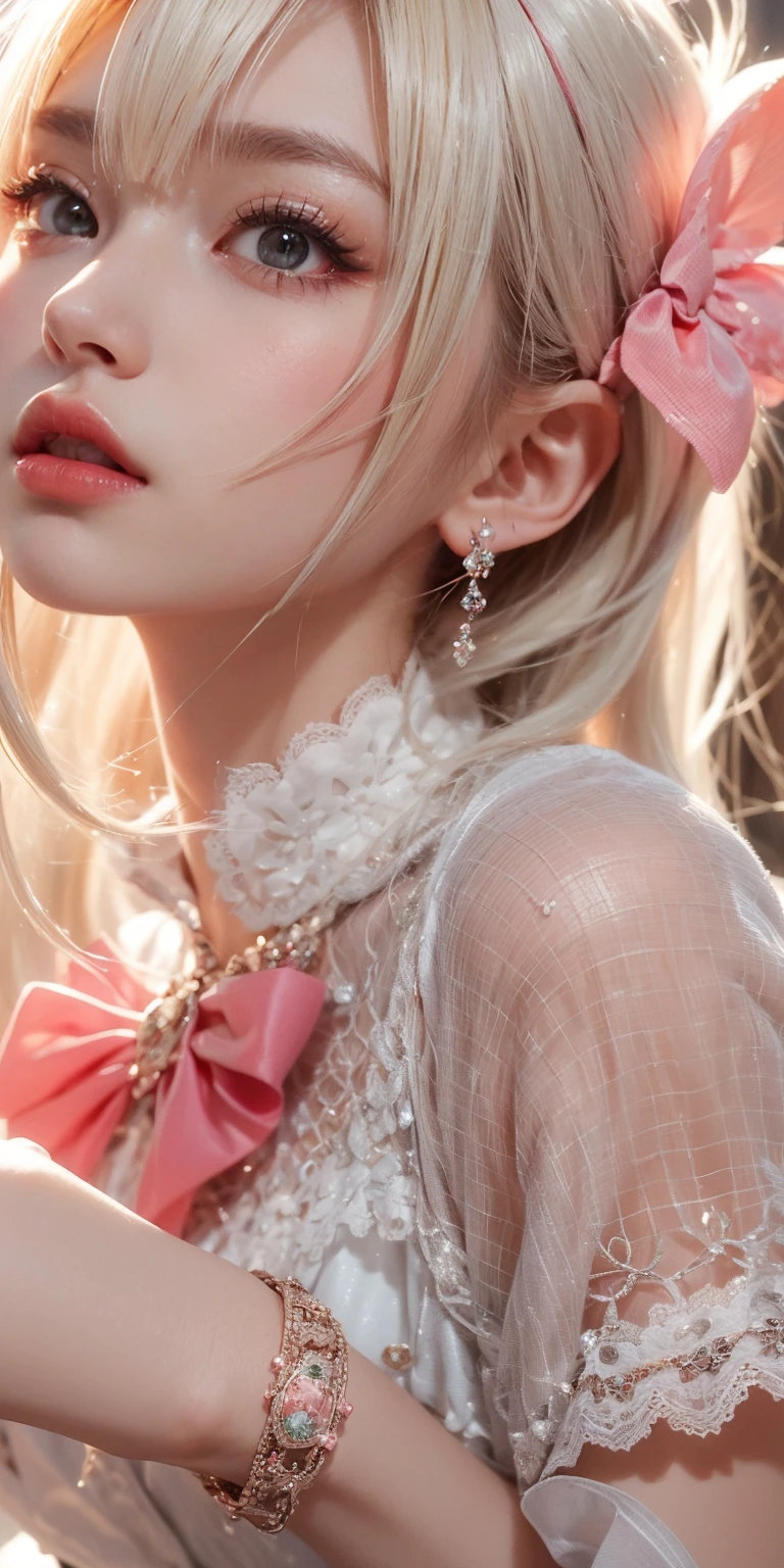 blond haired girl with pink bow and lace dress posing for a picture, ethereal details, guweiz, very ethereal, palace ， a girl in hanfu, anime. soft lighting, ethereal beauty, incredibly ethereal, ethereal fairytale, portrait of magical ****ta girl, pale milky white porcelain skin, portrait of magical girl, ethereal and dreamy, dreamy and ethereal