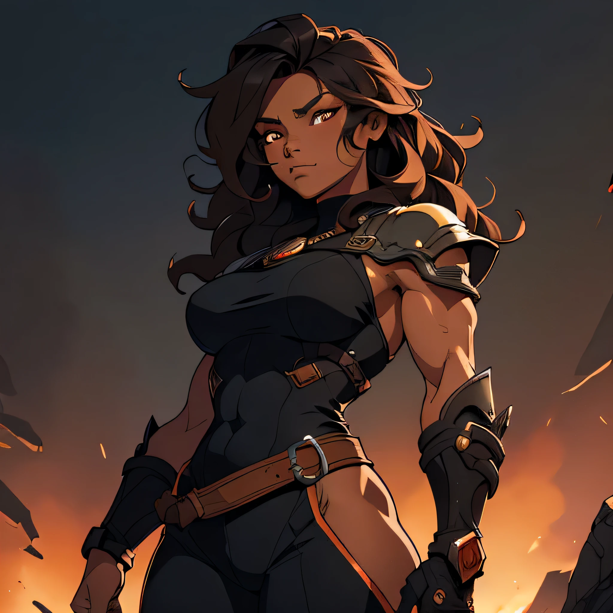 (masterpiece, best quality, absurdres, beautiful, aesthetic, detailed, cell shading) Solo, female, standing, muscular, forge background, ebony skin, orange eyes, messy hair, wavy hair, well drawn eyes, black smith clothes, angled profile, beautiful eyes