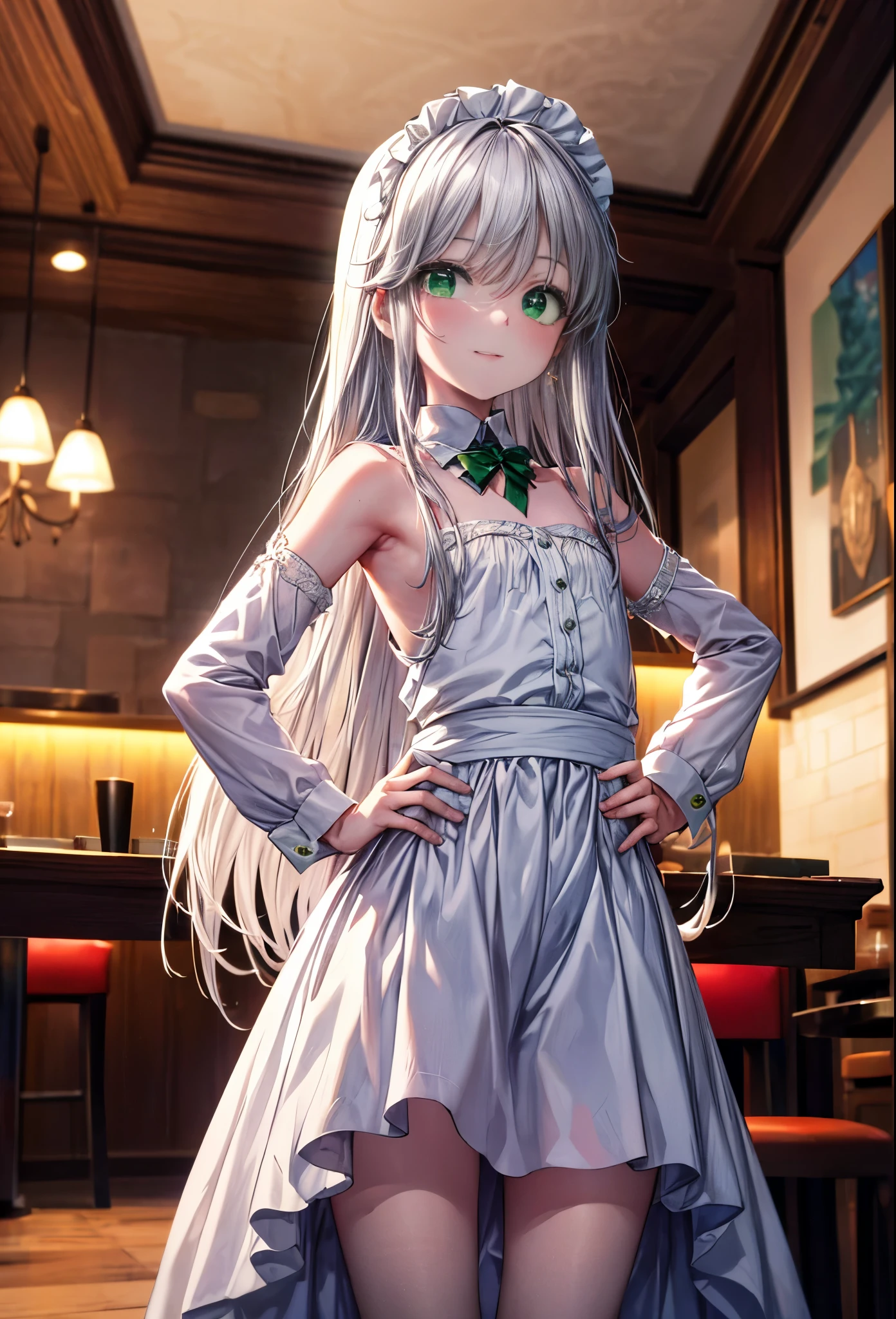 index, index, (green eyes:1.5), silver hair, long hair, (flat chest:1.2),smile,blush,bossy,she was wearing a maid long skirt, white stockings on her legs,put both hands on hips,Standing in honor,bare shoulders,looking up from below,There&#39;s a lot of food on the table, 　break looking at viewer, Upper body, whole body, break indoors, restaurant,viking, break (masterpiece:1.2), highest quality, High resolution, unity 8k wallpaper, (figure:0.8), (detailed and beautiful eyes:1.6), highly detailed face, perfect lighting, Very detailed CG, (perfect hands, perfect anatomy),