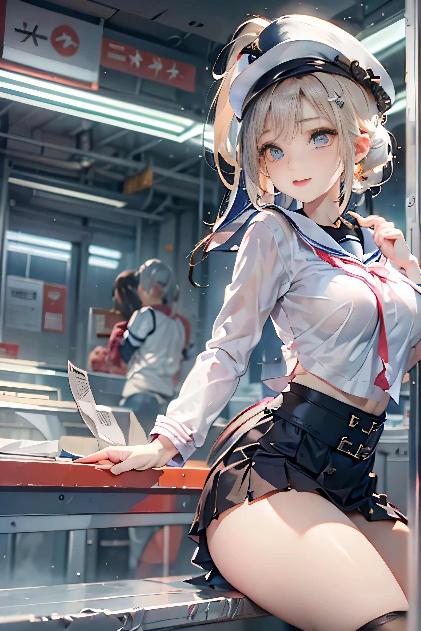 (Detailed CG Unity 8K wallpaper、workmanship、highest quality)、(exquisite light and shadow、dramatic images、cinematic lens effects)、(fuku sailor uniform:1.1)、adorable smile、double ponytail、blue eyes、blonde、Tight top、white gloveini skirt、dynamic pose)、The background is space (great details、great lighting、wide angle)、(excellent firm、Busta、to get attention in class)、(Beautiful pants、peek from below)skirt:1.4)、(Beautiful butt:1.2)、(Panty shot、floating in the wind)、(waist tail:1.4)salute、(((NSFW:1.1)))MA(lazy chest)、beautiful breasts