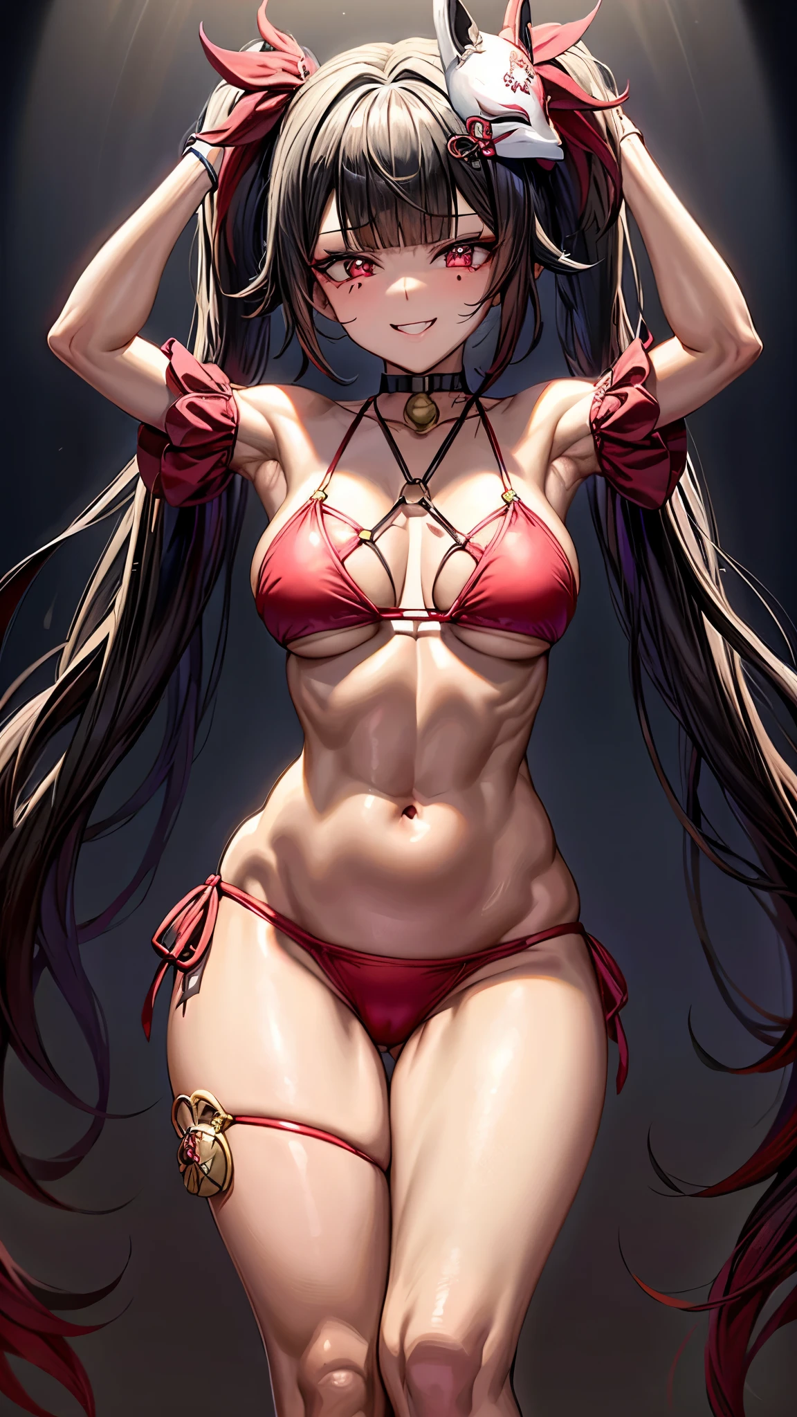 Face: Estilo de arte, Cor estilo anime: Predominantemente vermelho com contrastes de preto e branco, Cor dos olhos: vermelho carmesim brilhante, com reflexos luminosos. Cor do cabelo Preto com mechas vermelhas, Penteado: Longo com twintails, adornado com o tradicional enfeite de cabelo vermelho e dourado, (((mischievous and playful smile with a touch of mischief))), ((kitsune mask)), pernas musculosas, sadist , ((( no quarto do motel))), {{{mostrando a bunda grande para mim}}}, (((foto de corpo inteiro))), unhas bem cuidadas, unhas vermelhas, (((wearing a beautiful short and sexy bikini))) , NSFW, hdr, {Standing}