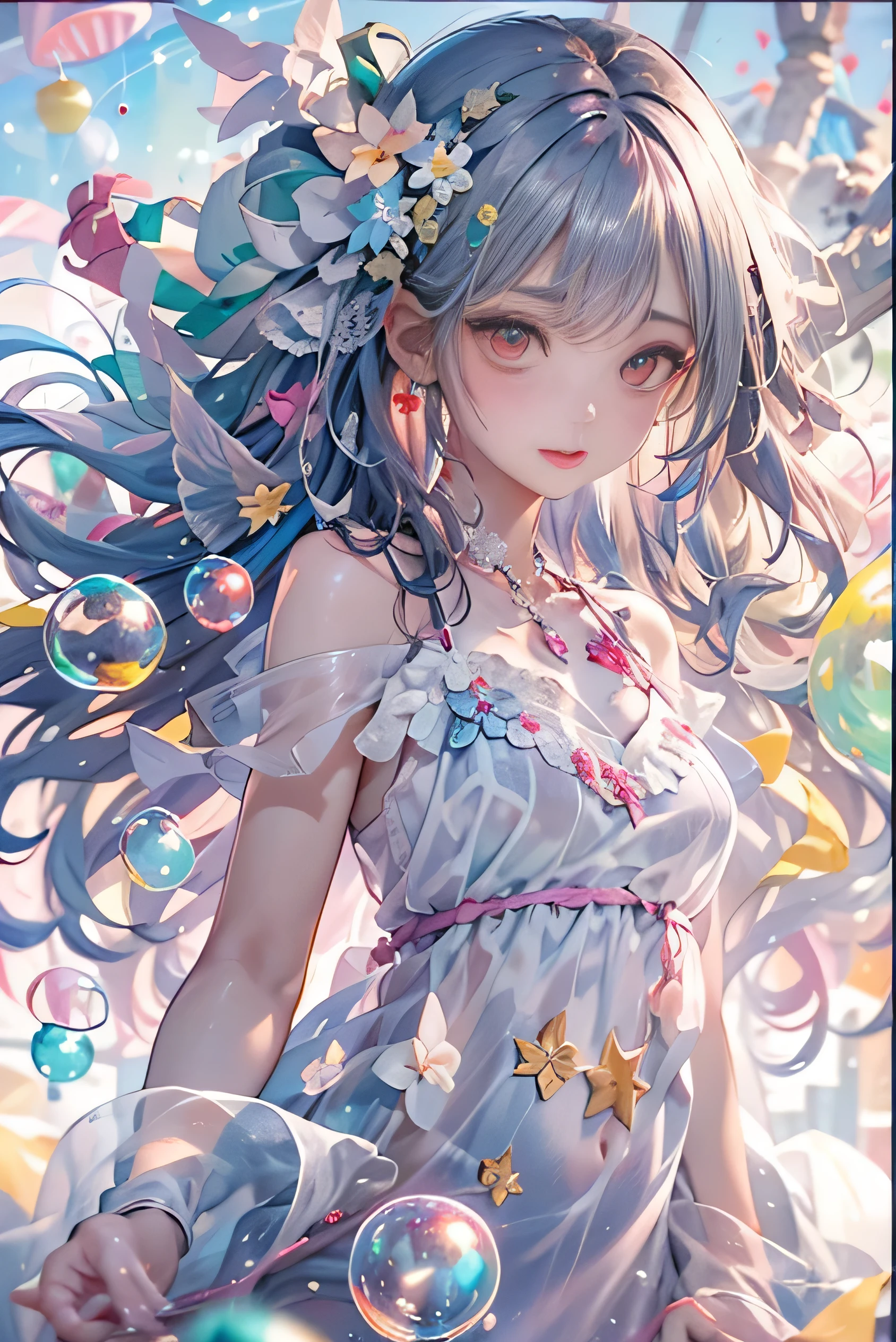 (original)、(masterpiece)、(highest quality)、(reality: 1.3)、photorealistic、octane rendering、(surreal: 1.2)、perfect features、1 girl、colorful、wet、((translucent ruffle nightgown))、(fairy wings)、translucent skin、(colored inner hair)、translucent hair、((shiny inner hair))、colorful hair ornaments、perfect look、her face is flushed、( Both hands are behind the head and coming out from the sides1.4)、( (caustic、charming、sexy、Charm))、bright red effect、no gravity、universe、Crystal texture flowers、shine、Lens flare、Light leakage、Broken glass、Beautiful detailed jewel sky、(​​((colored hair、starry sky)hair decorating the sky、(lots_of_big_((colorful))_bubble)、[pearl]、[Milky Way]、Depth of the bounds written、colorful bubble、colorful water droplets、colorful spray)))、highly detailed wallpaper、highly detailed illustrations、(1 girl) 、（best writing）、（super intricate details）、4K unified、（Ultra-detailed CG: 1.2）、（8K: 1.2）