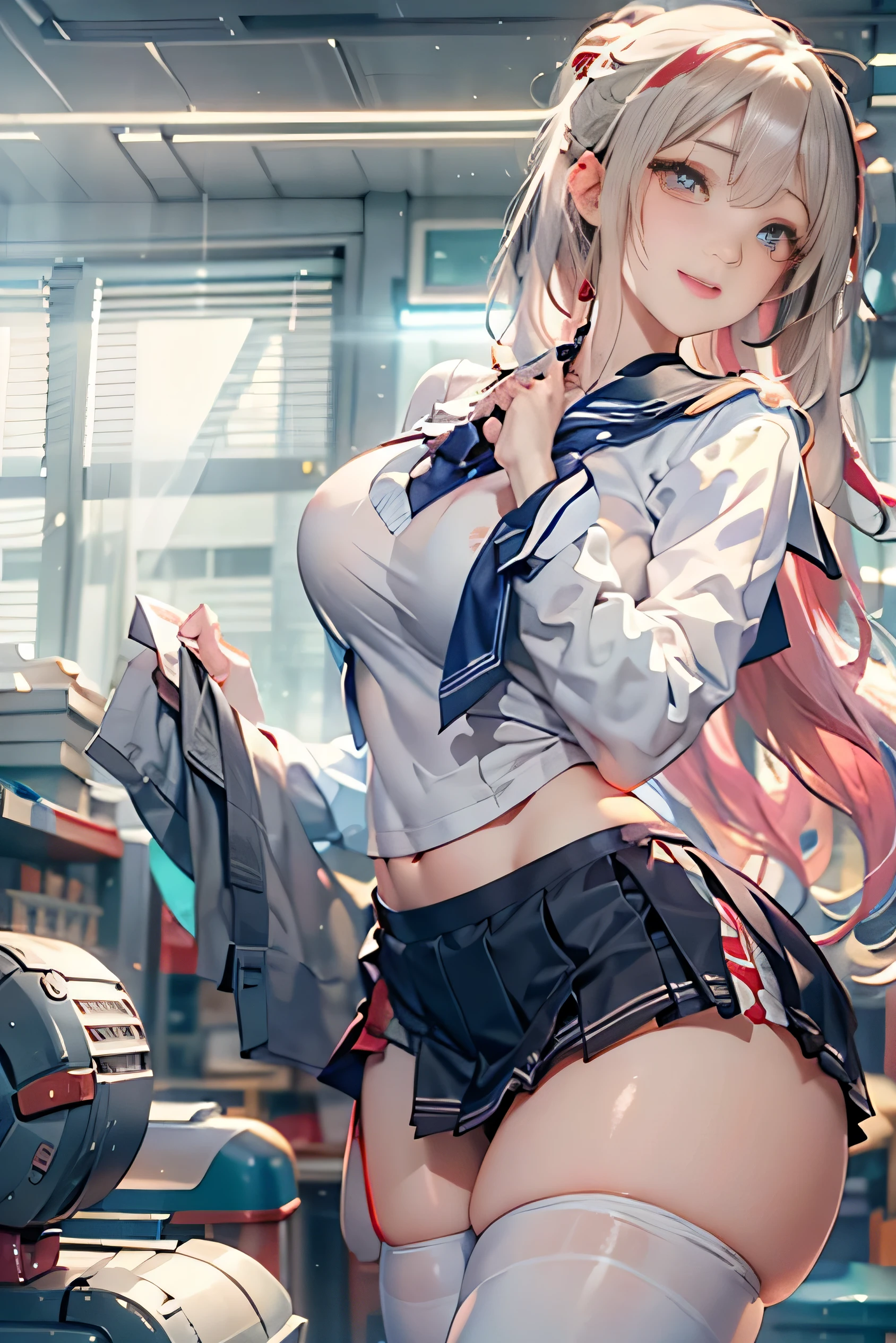 (Detailed CG Unity 8K wallpaper、workmanship、highest quality)、(exquisite light and shadow、dramatic images、cinematic lens effects)、(colorful sailor uniform:1.1)、adorable smile、ponytail、blue eyes、blonde、Tight top、white gloveini skirt、dynamic pose)、The background is space (great details、great lighting、wide angle)、(excellent firm、Busta、to get attention in class)、(Beautiful pants、peek from below)skirt:1.4)、(Beautiful butt:1.2)、(Panty shot、floating in the wind)、(waist tail:1.4)salute、(((NSFW:1.1)))MA(lazy chest)、beautiful breasts