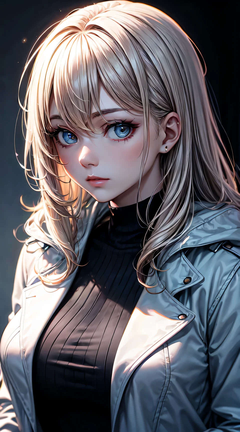 (best quality:1.5, highres, UHD, 4K, detailed lighting, shaders), white wavy hair, large breasts , woman jacket, long coat, (pov), Portrait, white background